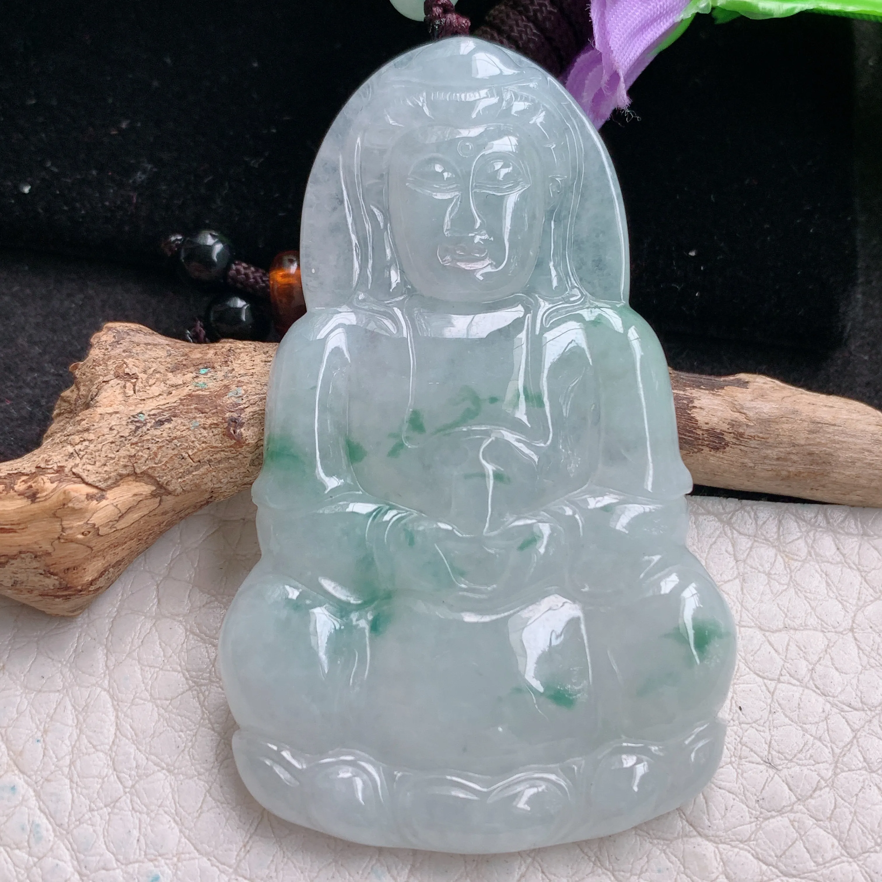 zen实拍63.5*39.6*5.8缅甸翡翠飘花观音牌吊坠男款平安菩萨玉坠