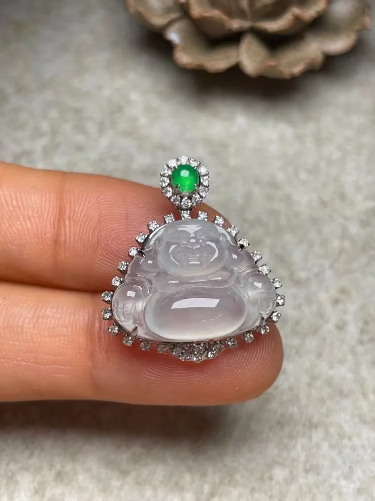 冰种佛公吊坠、真金真钻镶嵌，种水好，玉质细腻 .裸石尺寸 18.7*14.0