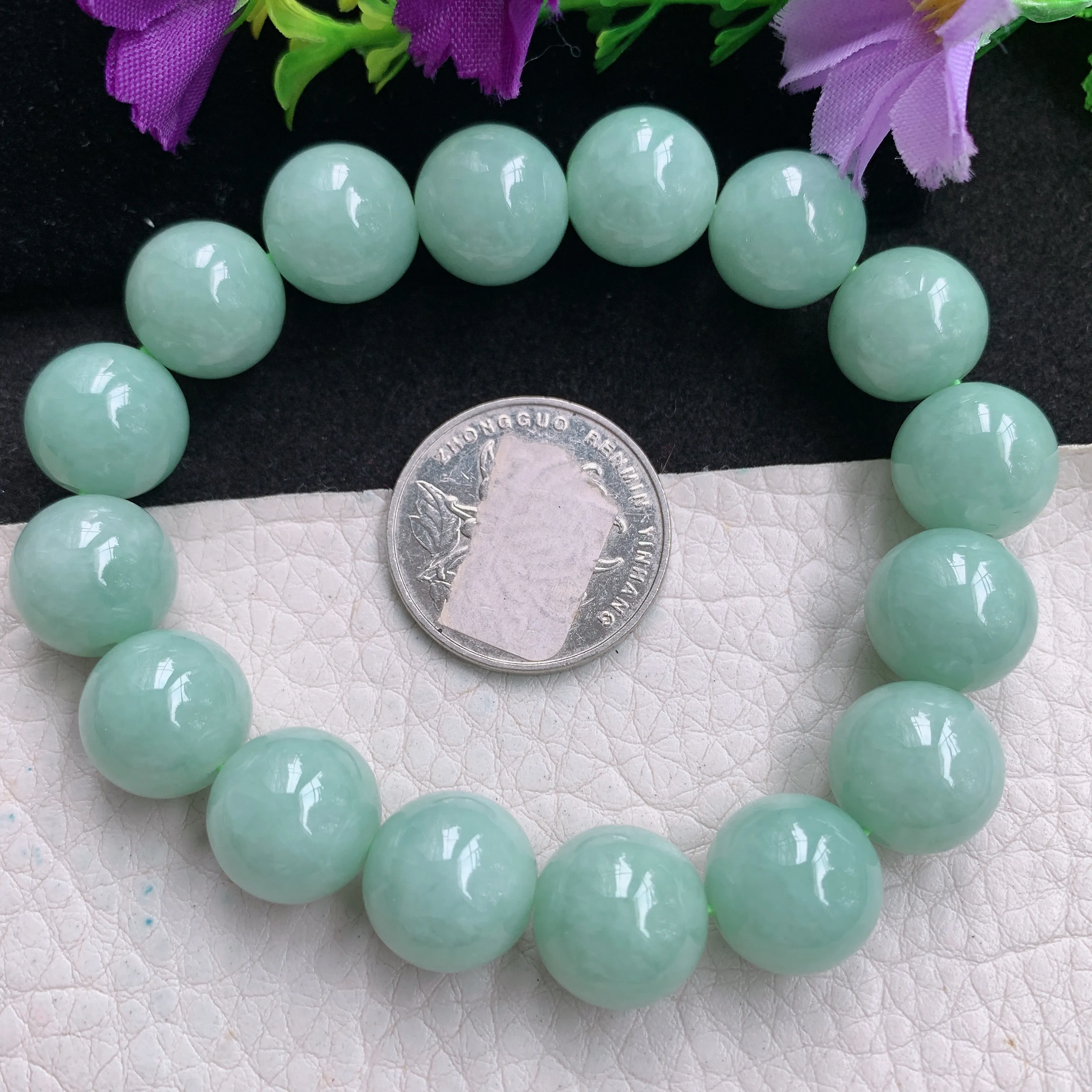 zen实拍13.3mm缅甸翡翠淡绿大珠链 圆珠手串 男女款手链