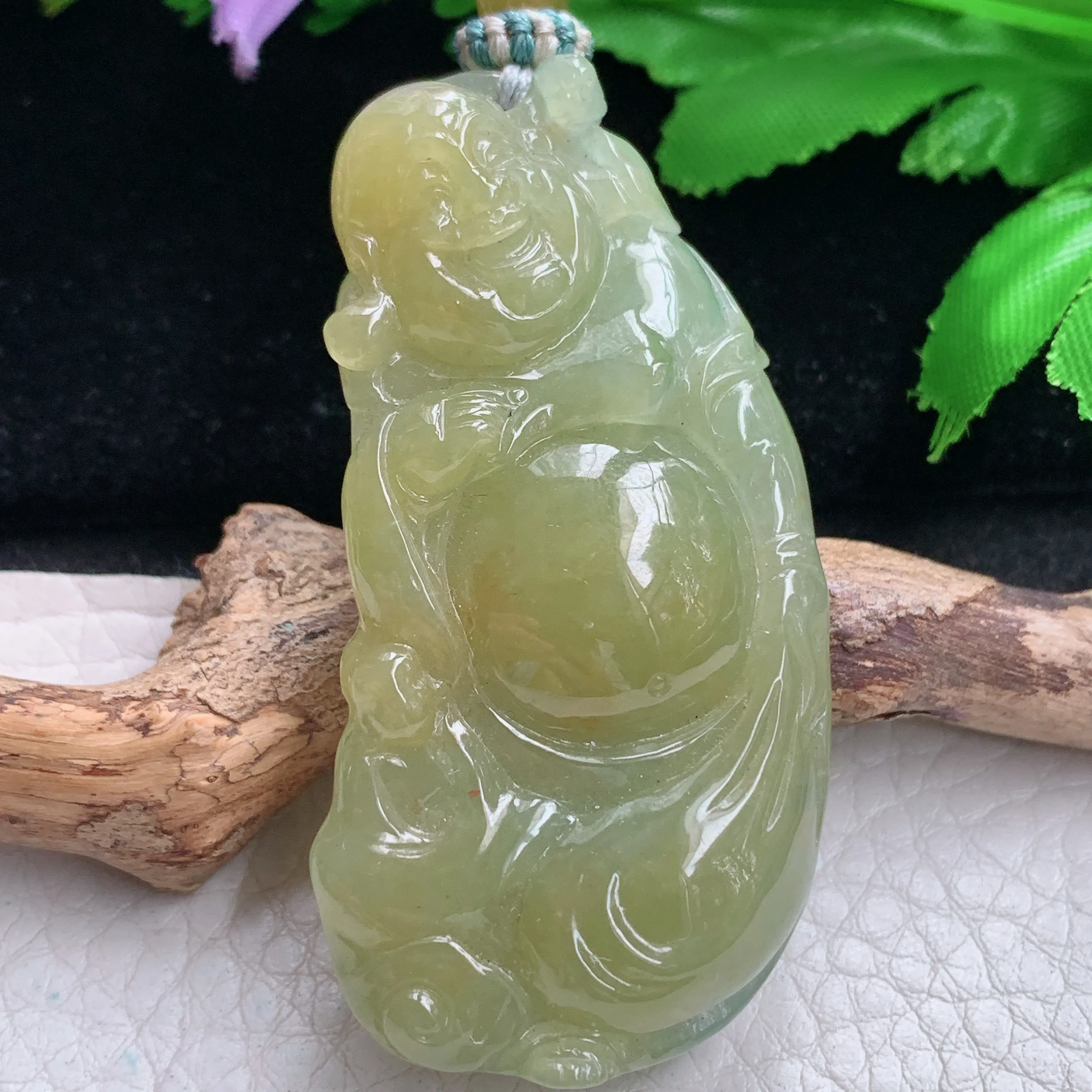 csy实拍57*29.3*13缅甸翡翠冰黄翡弥勒佛吊坠 站佛布袋佛公项坠