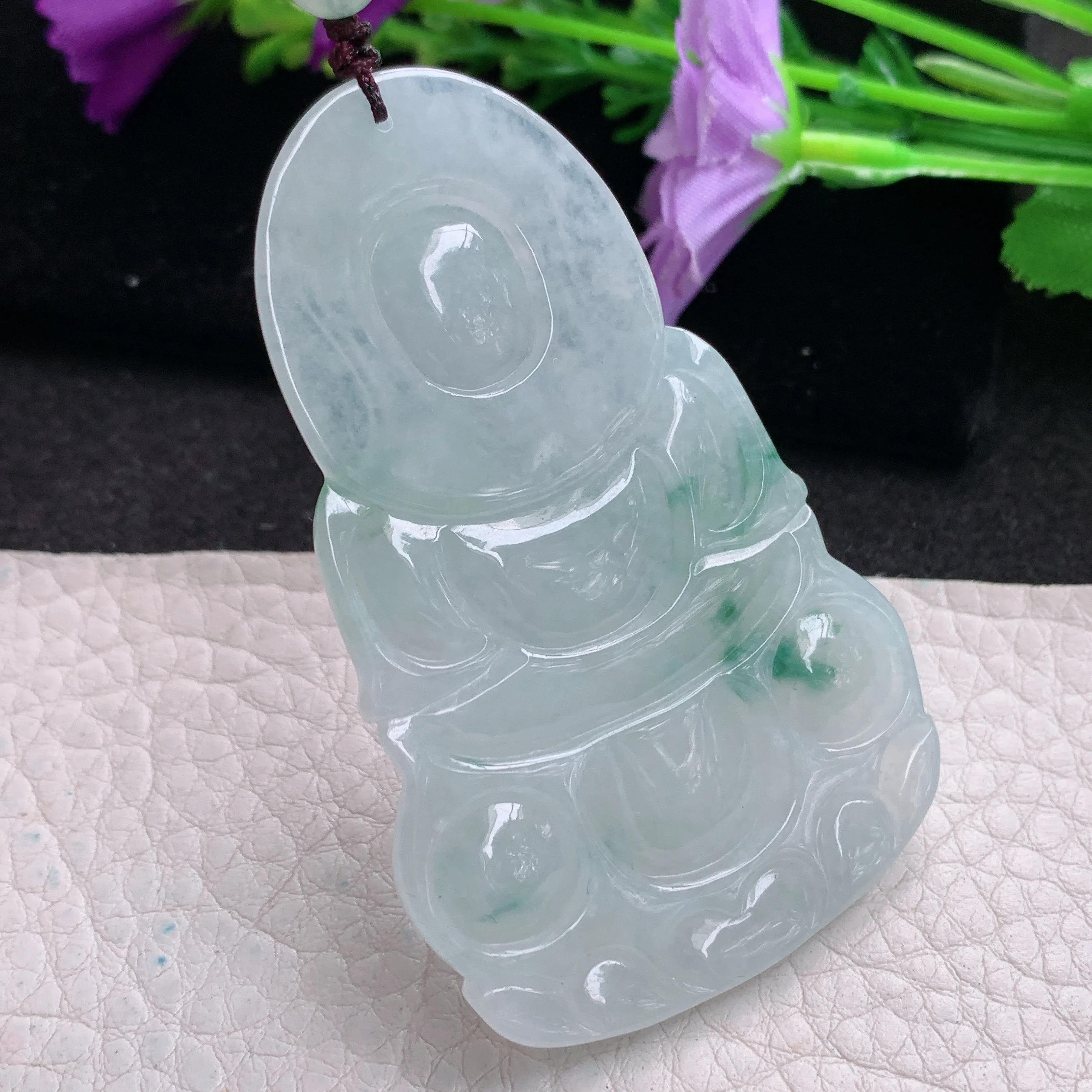 zen实拍63.5*39.6*5.8缅甸翡翠飘花观音牌吊坠男款平安菩萨玉坠