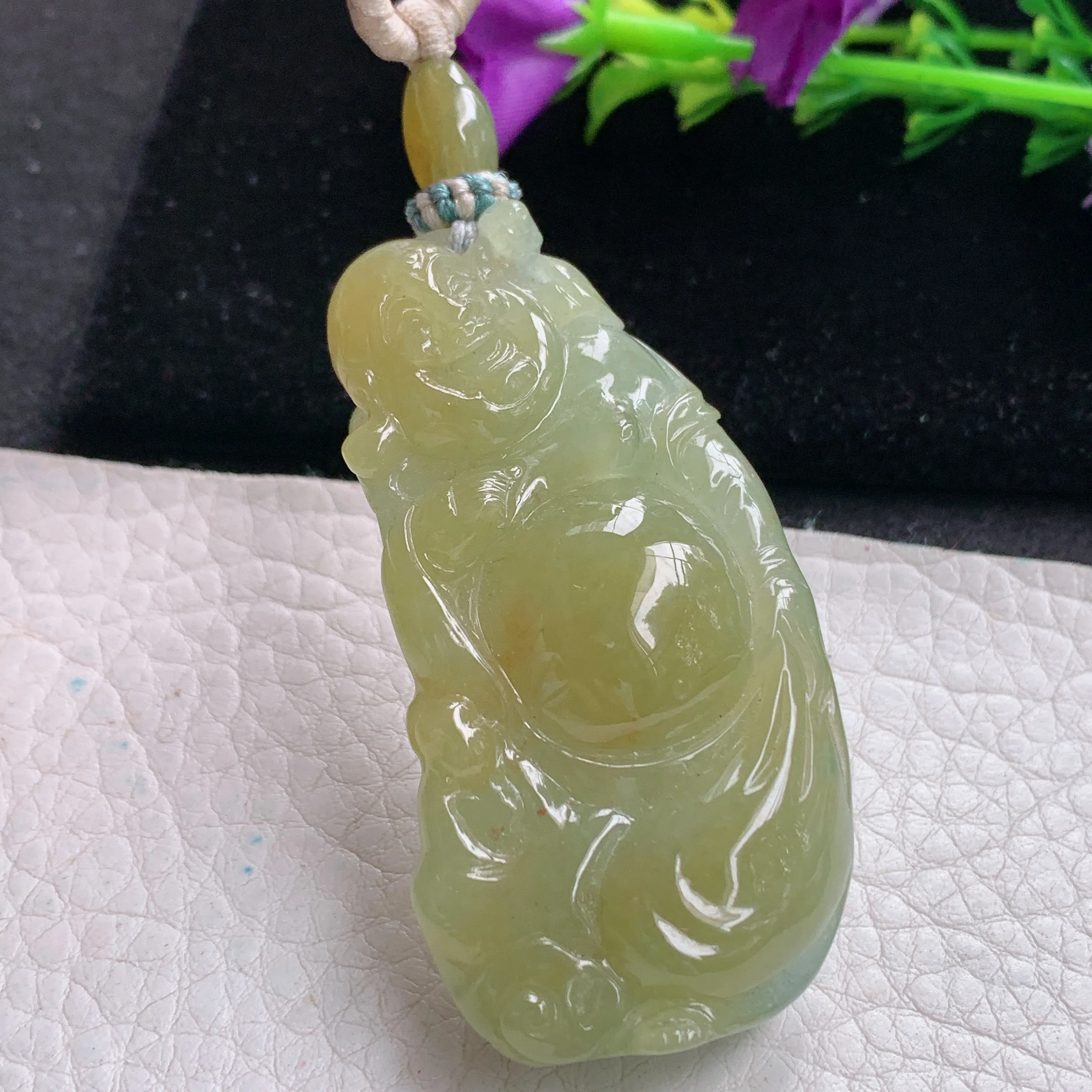 csy实拍57*29.3*13缅甸翡翠冰黄翡弥勒佛吊坠 站佛布袋佛公项坠