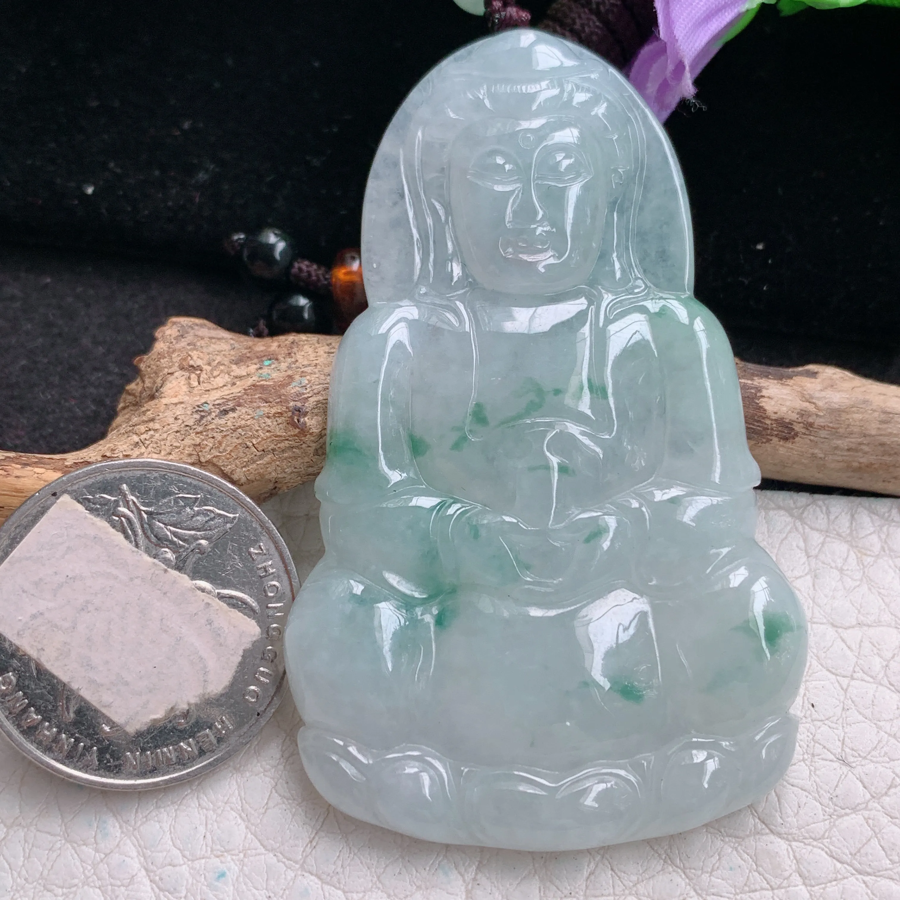 zen实拍63.5*39.6*5.8缅甸翡翠飘花观音牌吊坠男款平安菩萨玉坠