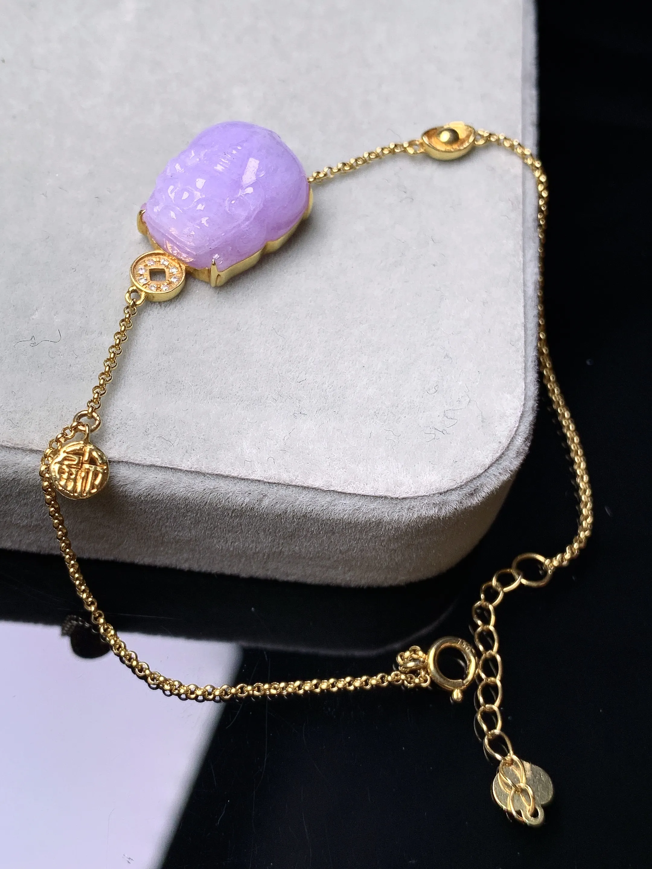 18k金钻镶嵌紫罗兰貔貅手链 玉质细腻 色泽艳丽清新 裸石尺寸14.3*11.5*7