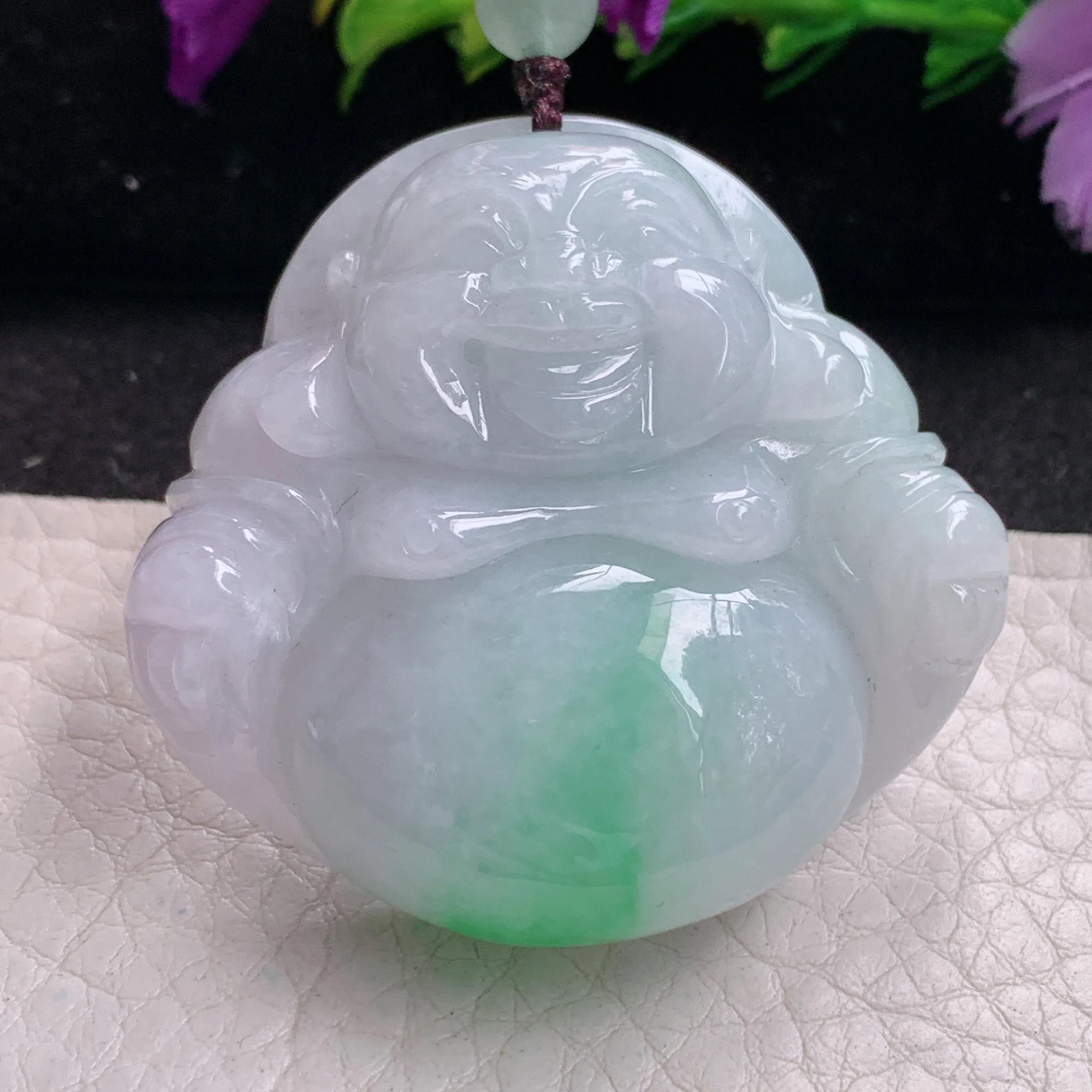 zen实拍43.7*46*13.2缅甸翡翠飘绿大佛公吊坠白底青弥勒佛像毛衣坠