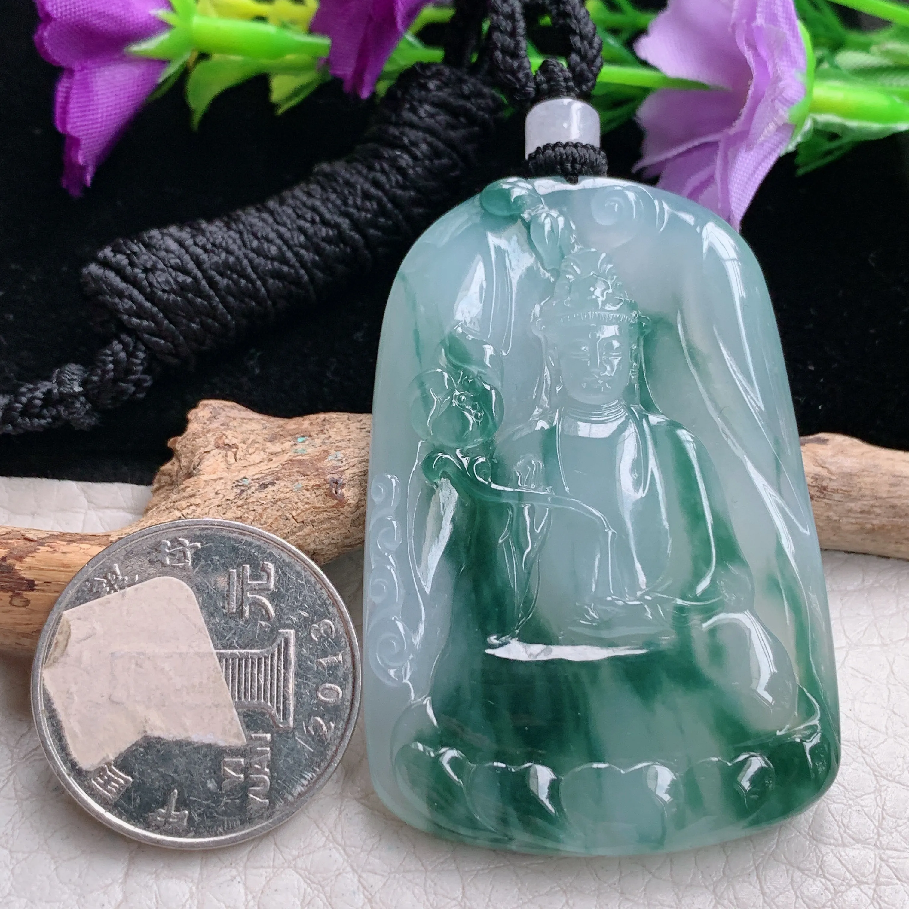 csy实拍约55*39*6缅甸翡翠冰飘花素衣观音吊坠 持莲大势至观音菩萨