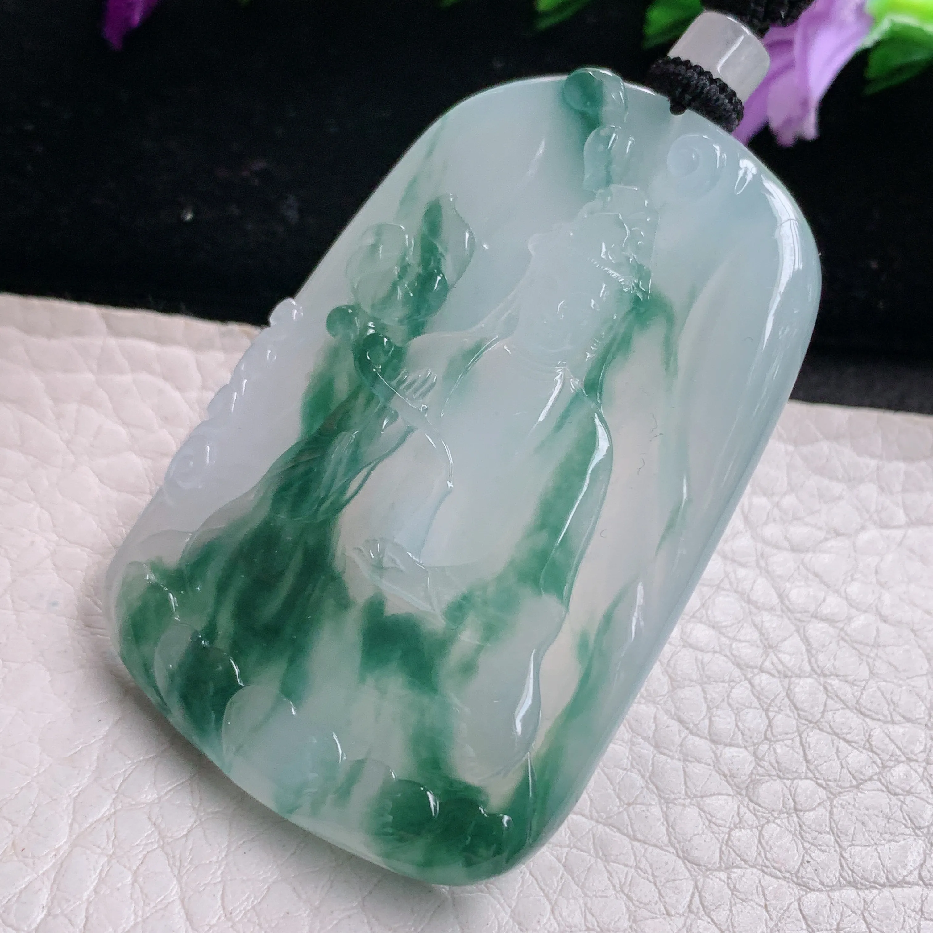 csy实拍约55*39*6缅甸翡翠冰飘花素衣观音吊坠 持莲大势至观音菩萨