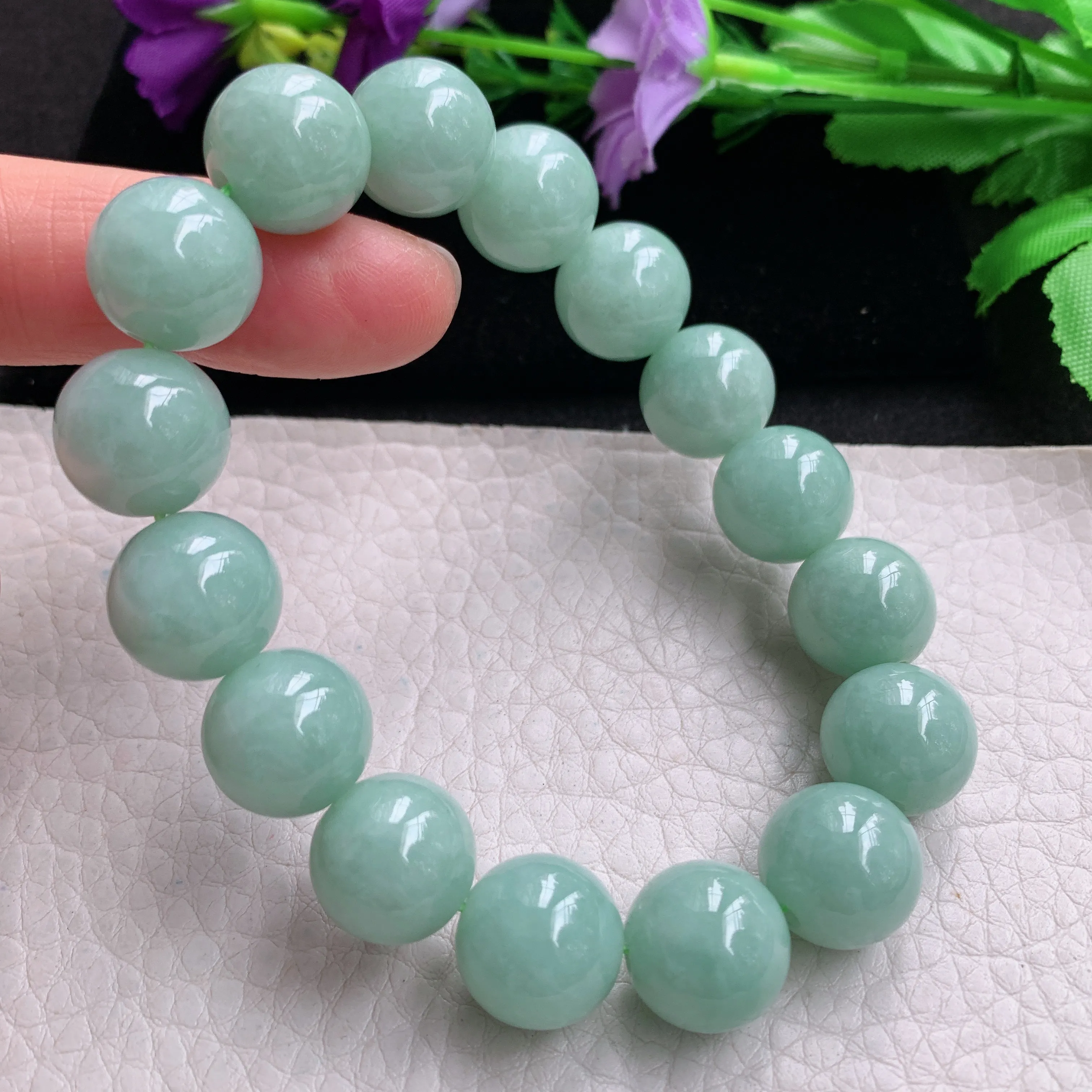 zen实拍13.3mm缅甸翡翠淡绿大珠链 圆珠手串 男女款手链