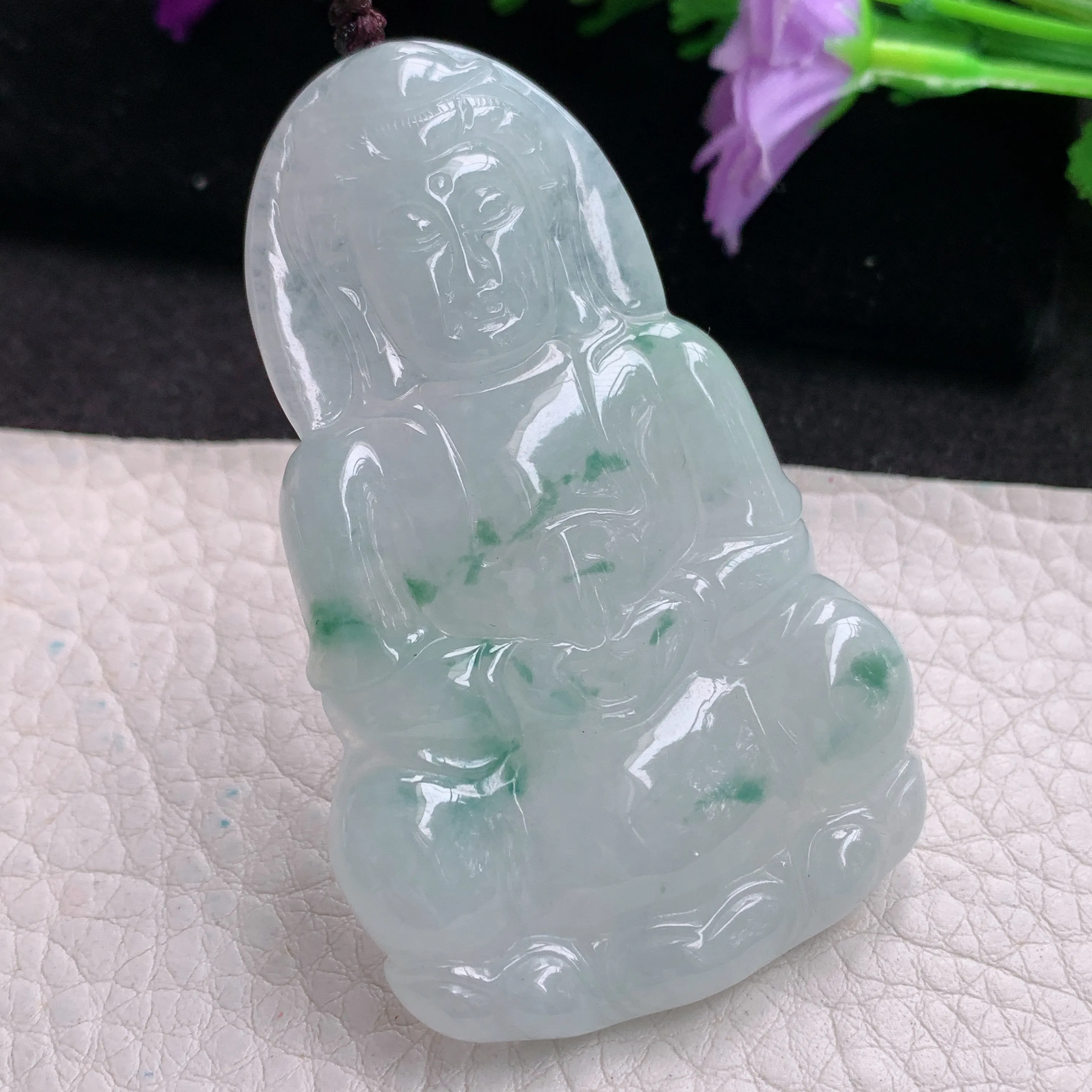 zen实拍63.5*39.6*5.8缅甸翡翠飘花观音牌吊坠男款平安菩萨玉坠