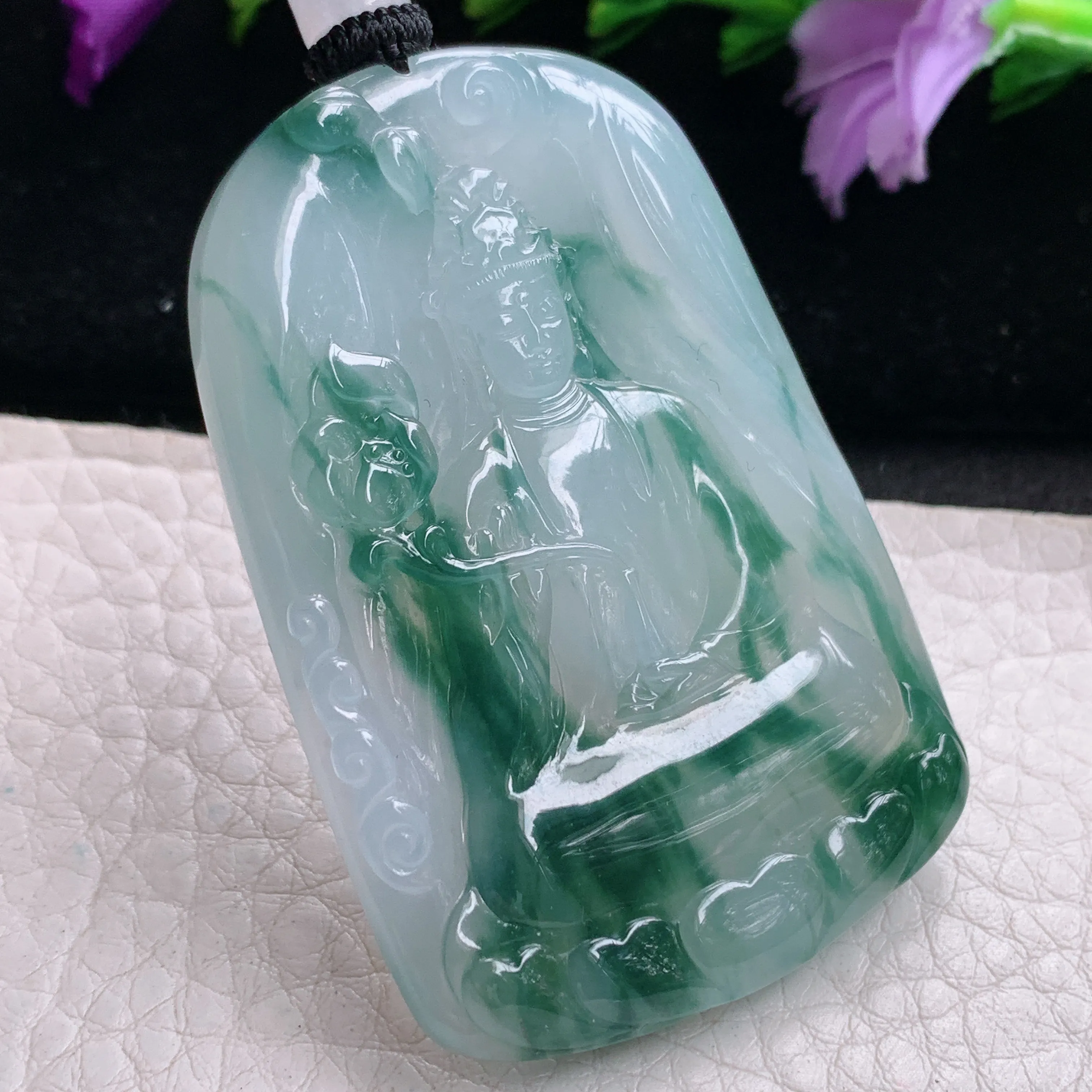 csy实拍约55*39*6缅甸翡翠冰飘花素衣观音吊坠 持莲大势至观音菩萨