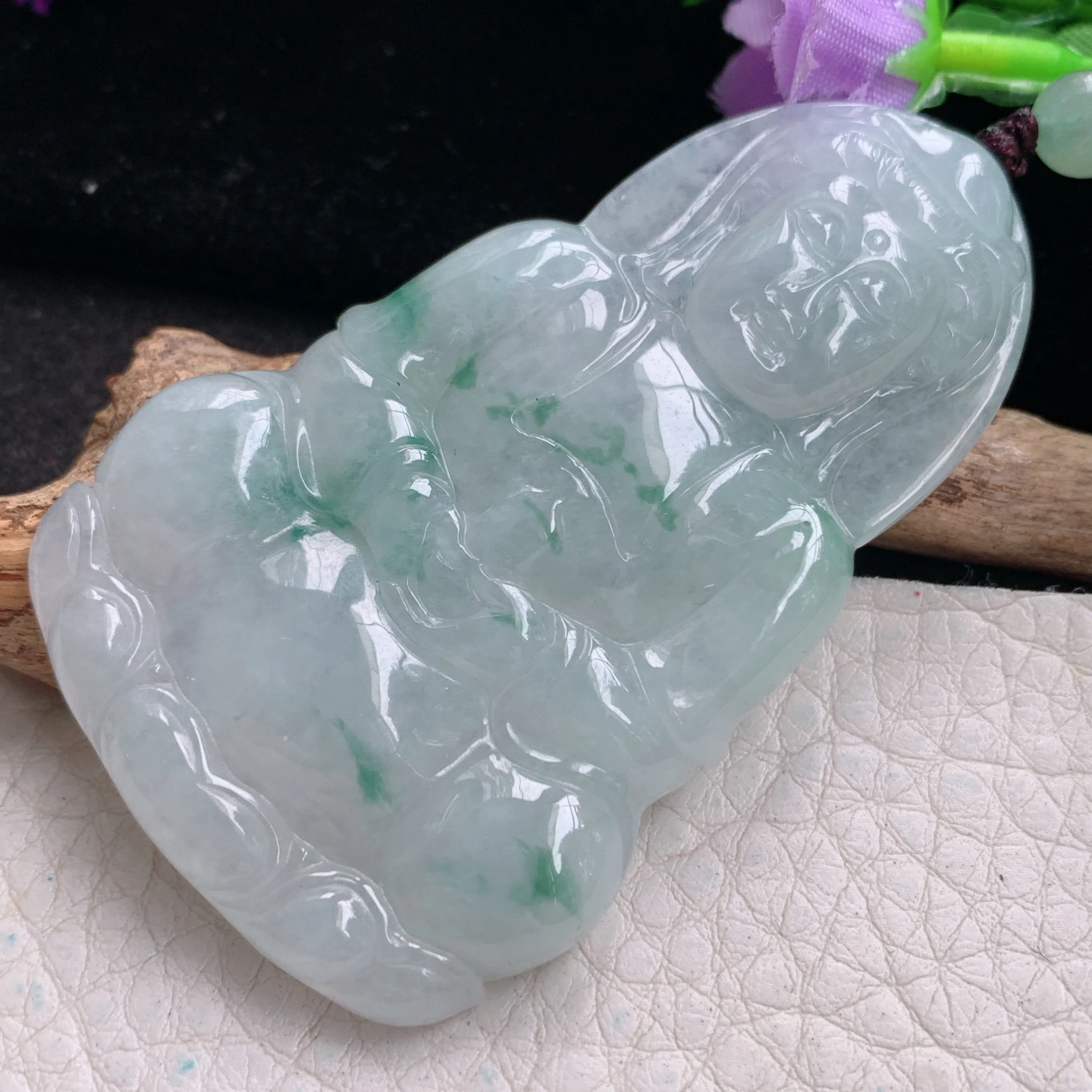 zen实拍63.5*39.6*5.8缅甸翡翠飘花观音牌吊坠男款平安菩萨玉坠