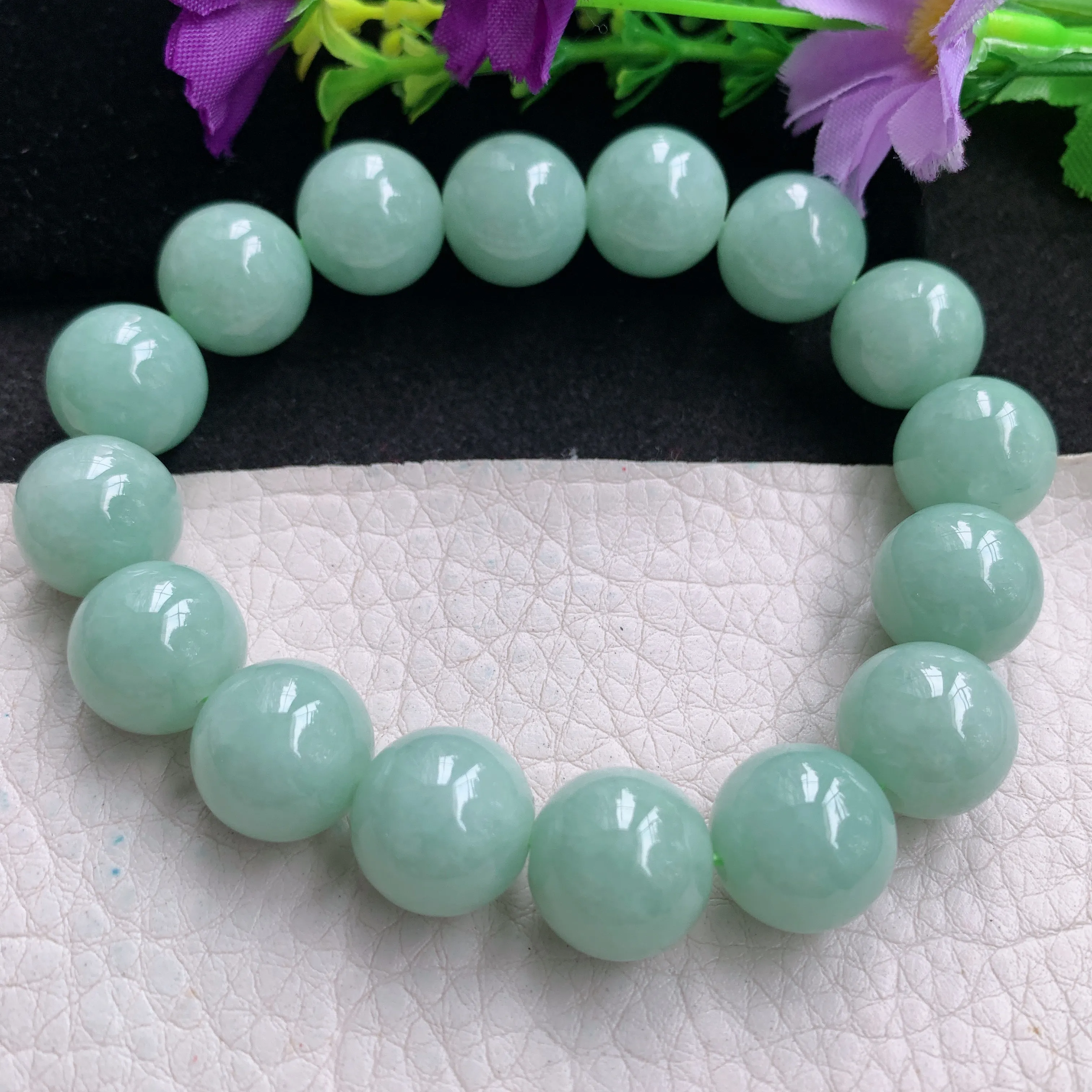 zen实拍13.3mm缅甸翡翠淡绿大珠链 圆珠手串 男女款手链