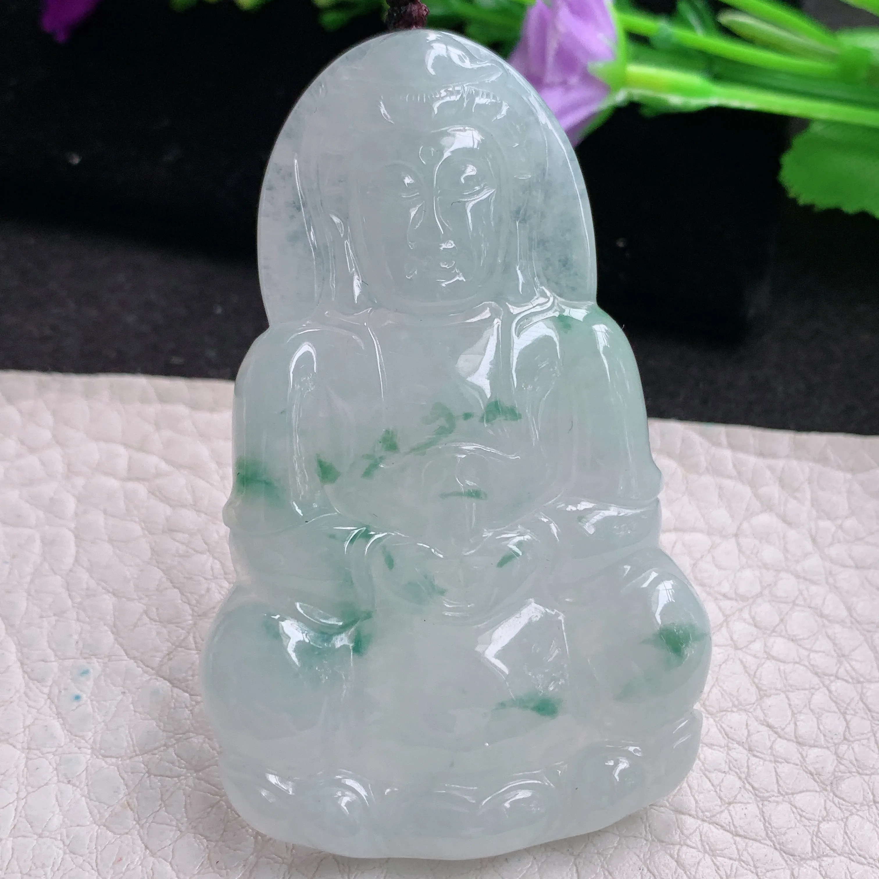 zen实拍63.5*39.6*5.8缅甸翡翠飘花观音牌吊坠男款平安菩萨玉坠