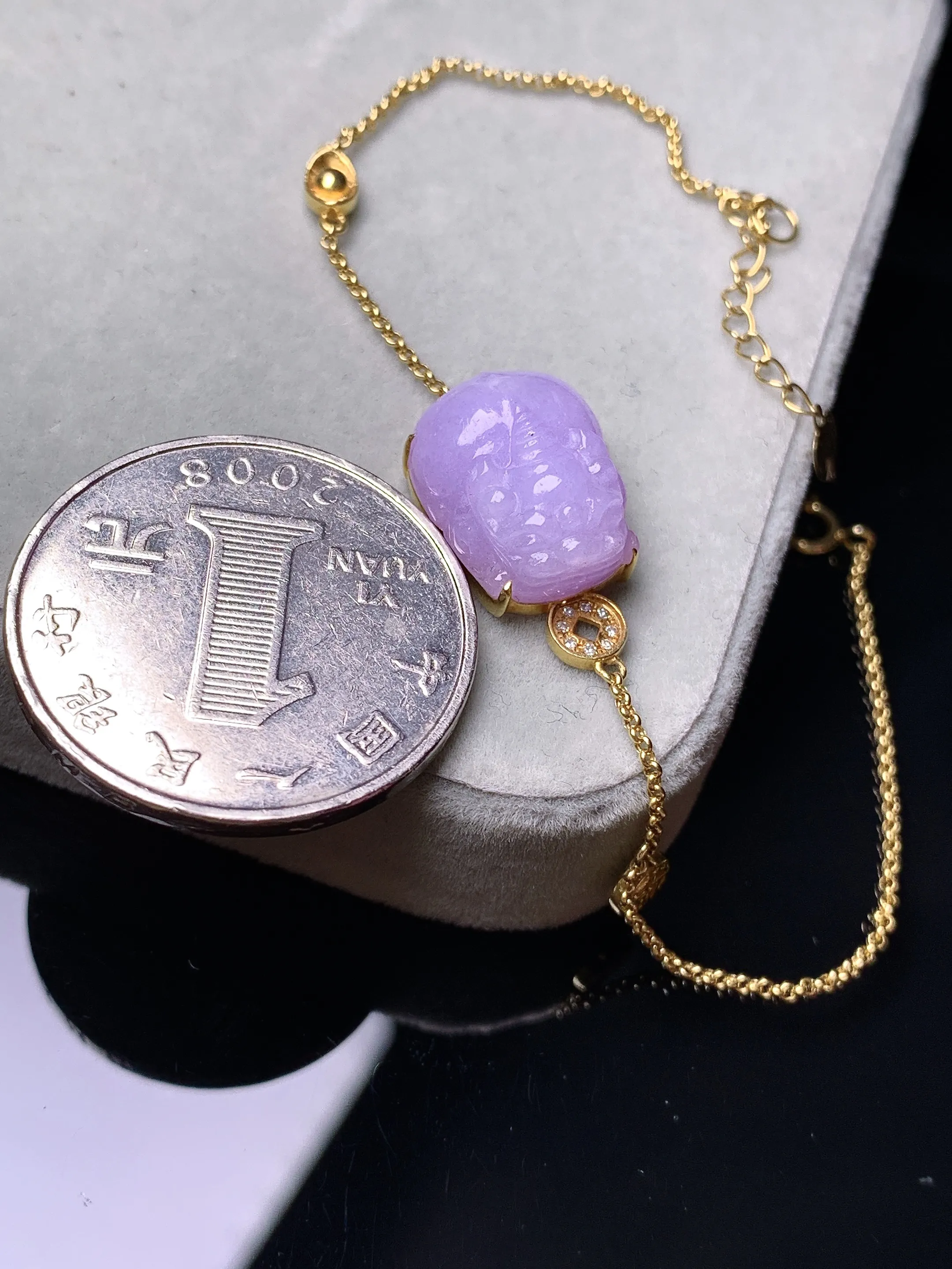 18k金钻镶嵌紫罗兰貔貅手链 玉质细腻 色泽艳丽清新 裸石尺寸14.3*11.5*7