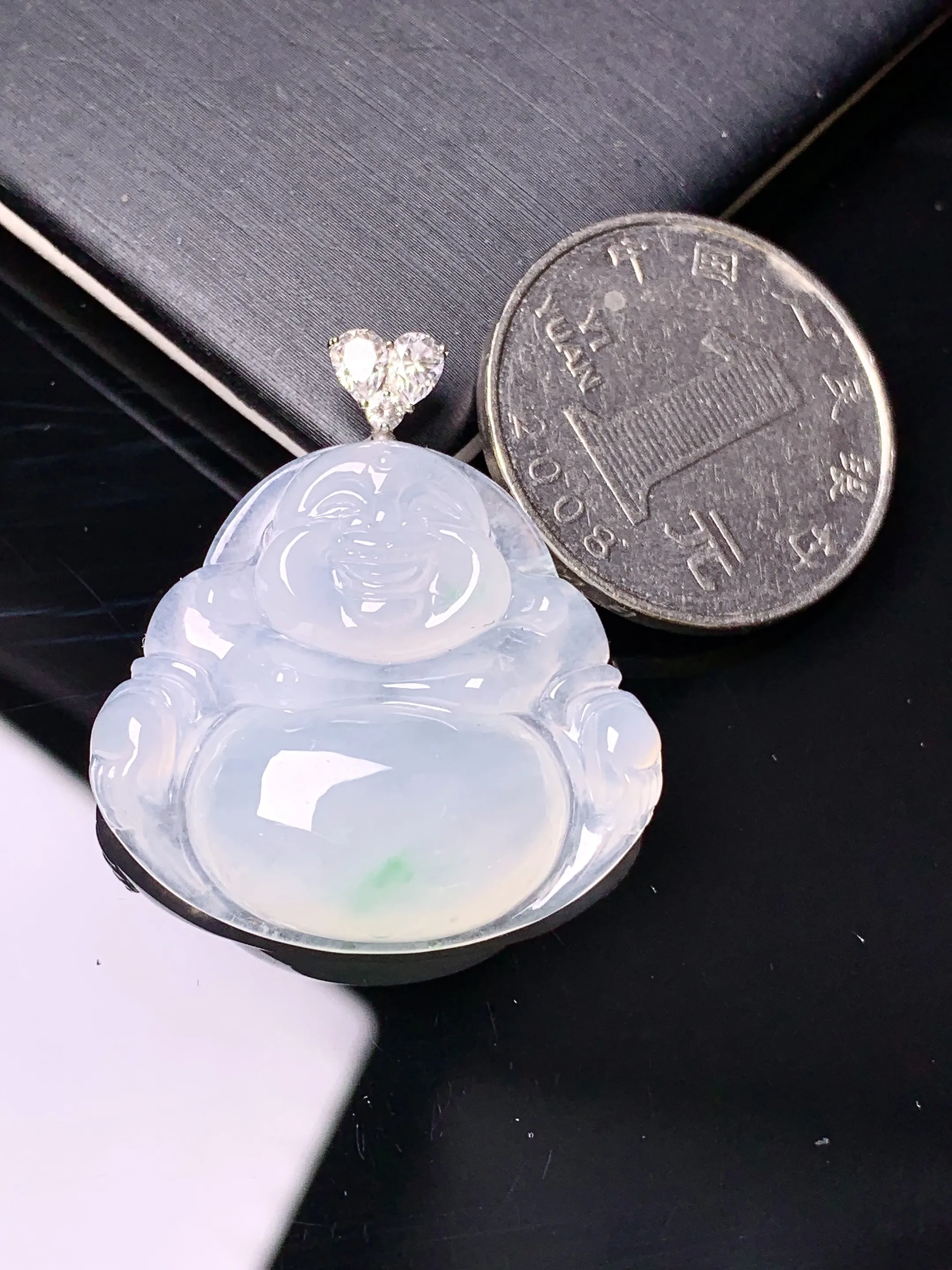 18k金莫桑钻钻镶嵌冰种佛公吊坠 玉质细腻 色泽艳丽清新 整体尺寸32.8*29.5*6.2