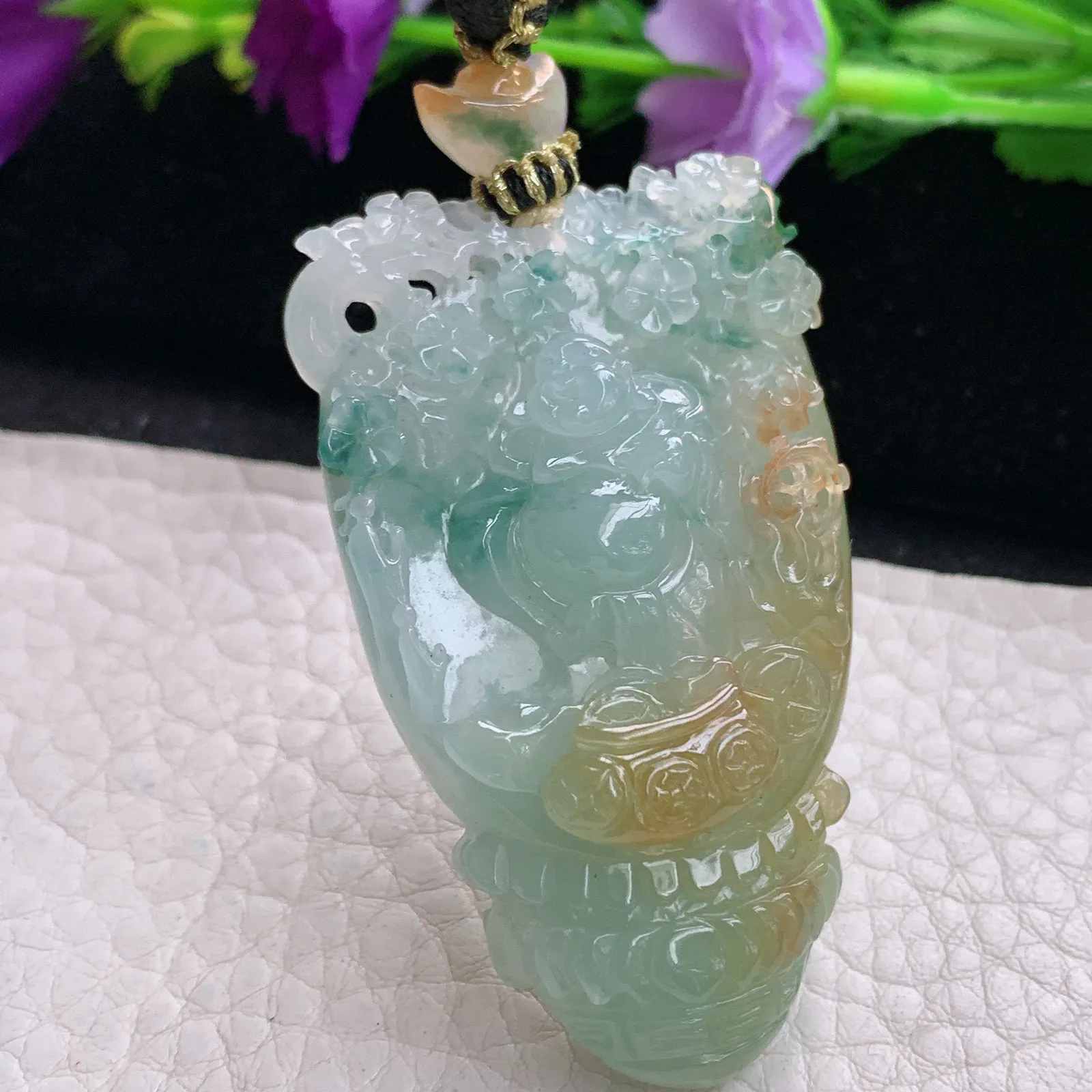 yl实拍63.8*32.3*12.5缅甸翡翠俏色巧雕逍遥佛 开心佛玉吊坠 玉挂坠