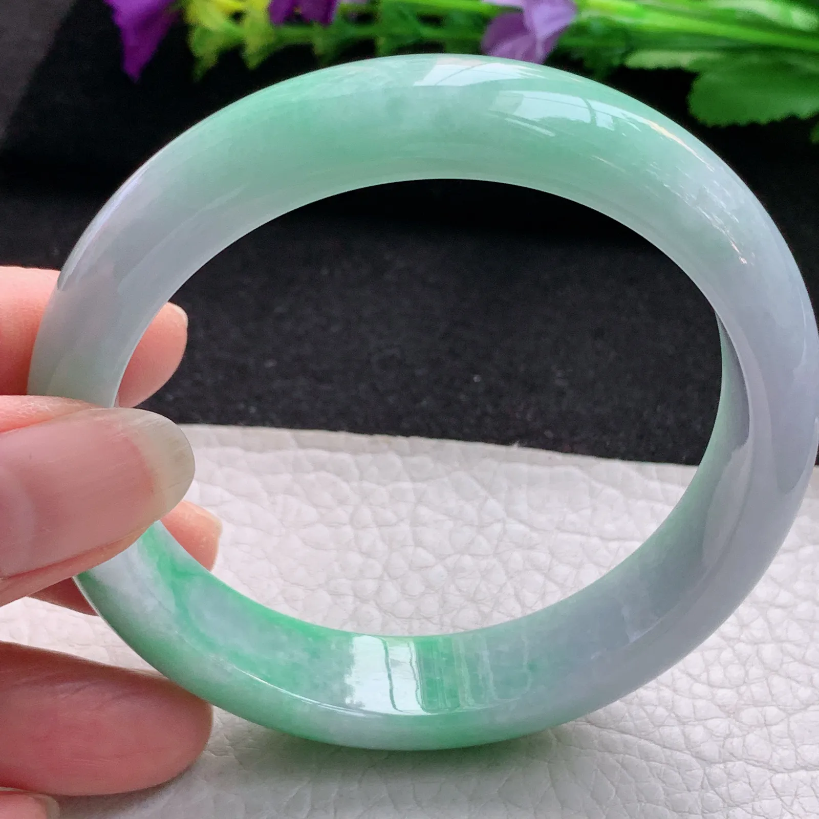 js大圈口60.5*14*8平安镯 天然缅甸翡翠春带彩宽边玉手镯 玉手环