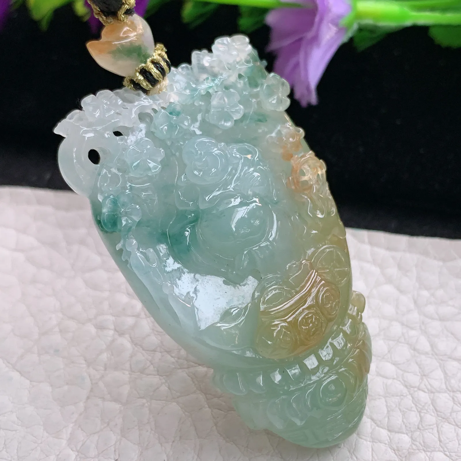 yl实拍63.8*32.3*12.5缅甸翡翠俏色巧雕逍遥佛 开心佛玉吊坠 玉挂坠