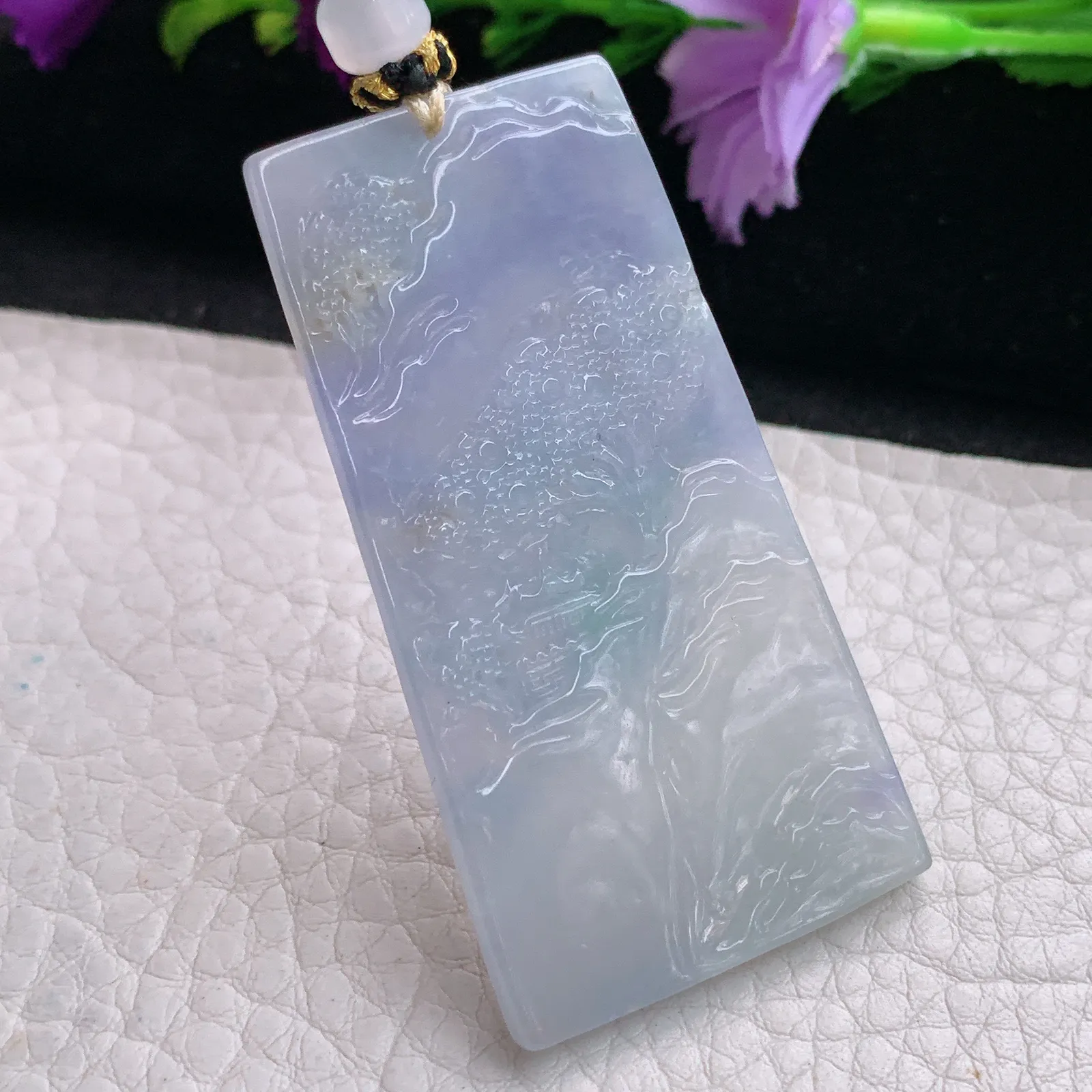 yl实拍55.6*28.8*4.5缅甸翡翠精雕冰三彩山水 大好河山玉吊坠 玉挂坠