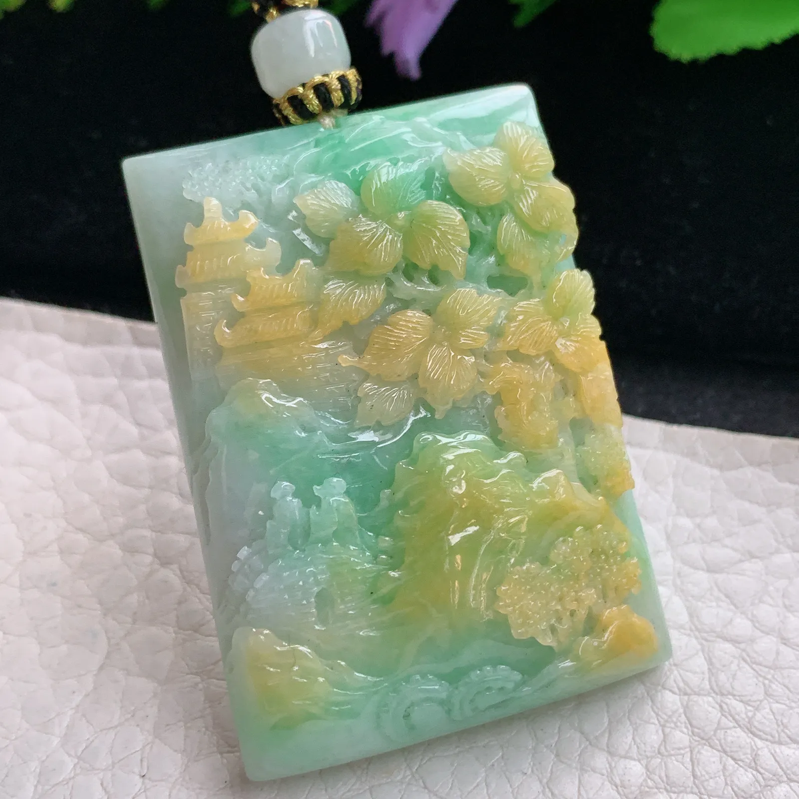 yl实拍49*35.2*11缅甸翡翠俏色巧雕三彩山水 大好河山玉吊坠 玉挂坠