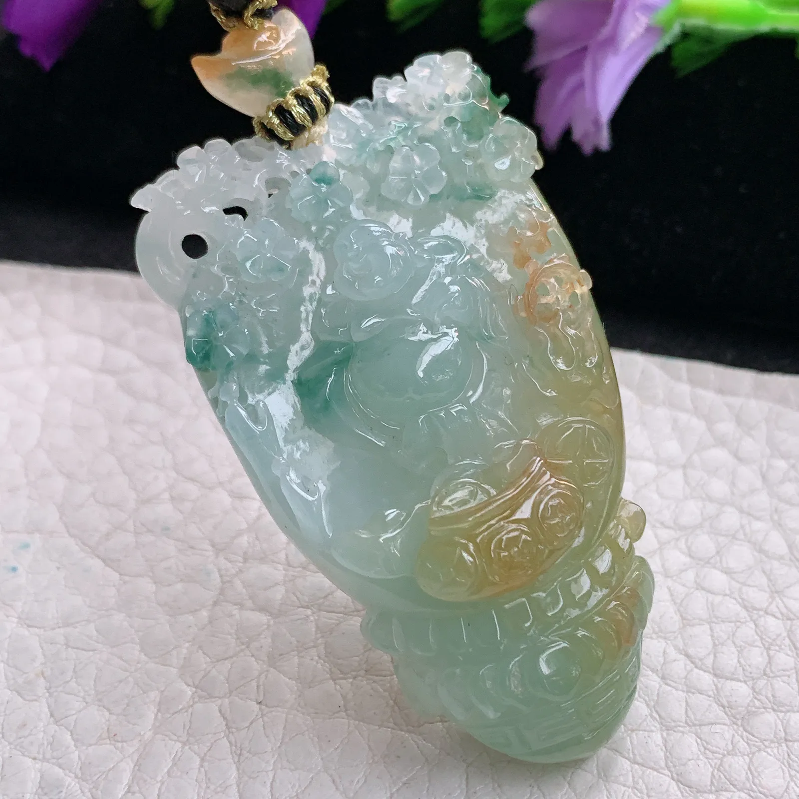 yl实拍63.8*32.3*12.5缅甸翡翠俏色巧雕逍遥佛 开心佛玉吊坠 玉挂坠