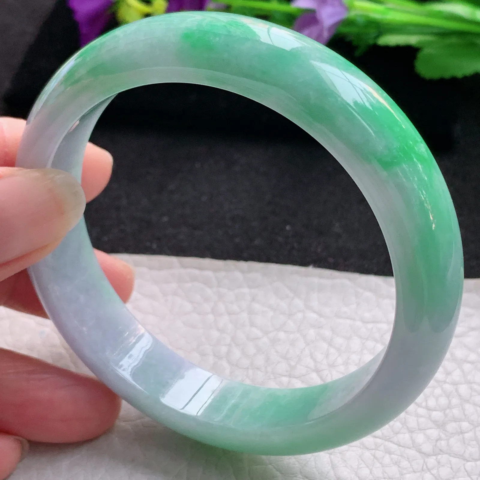 js大圈口60.5*14*8平安镯 天然缅甸翡翠春带彩宽边玉手镯 玉手环