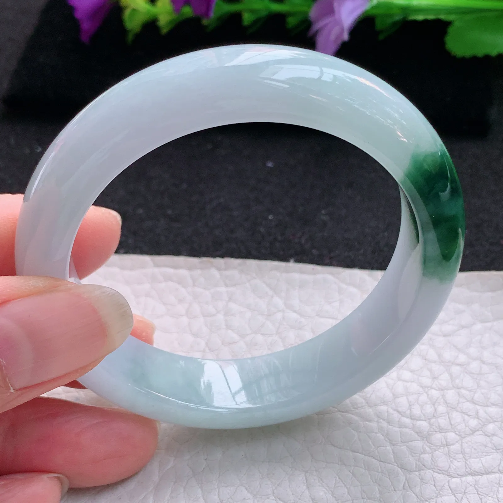 ee小圈口52.5*13.2*8平安镯 天然缅甸翡翠冰飘花宽边玉手镯 玉手环