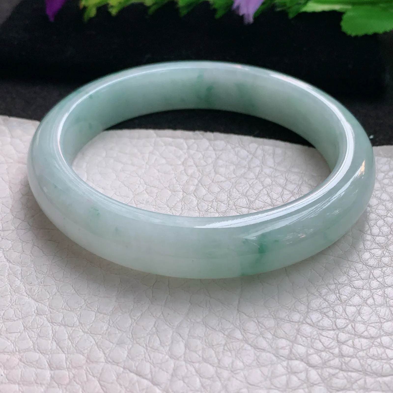xx大圈口60.8*12.5*8.8平安镯 天然缅甸翡翠冰飘花边玉手镯 玉手环