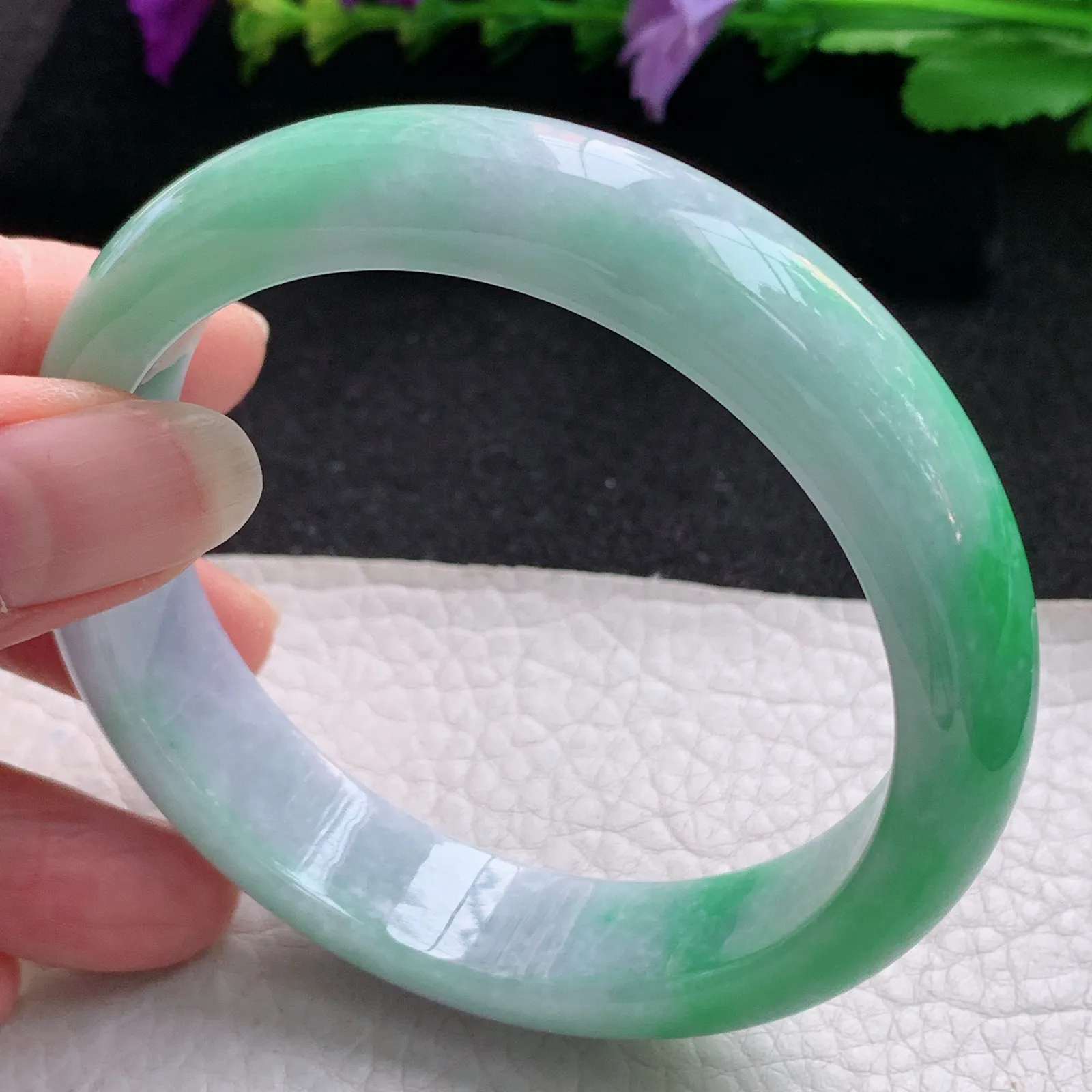 js大圈口60.5*14*8平安镯 天然缅甸翡翠春带彩宽边玉手镯 玉手环