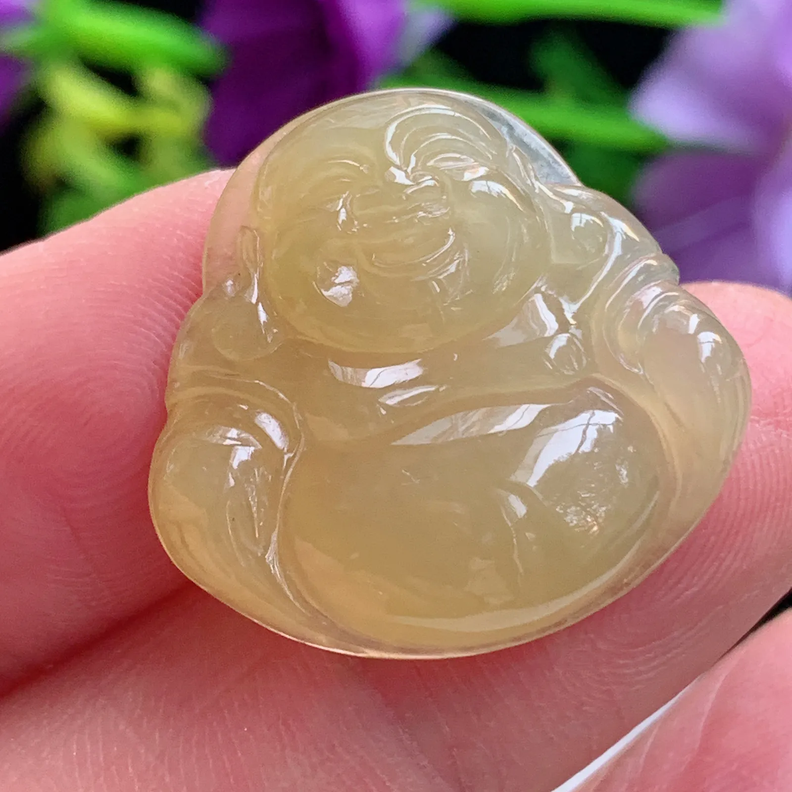 lz实拍22.2*23.6*5.2缅甸翡翠精雕冰黄佛公 弥勒佛玉吊坠 玉挂坠