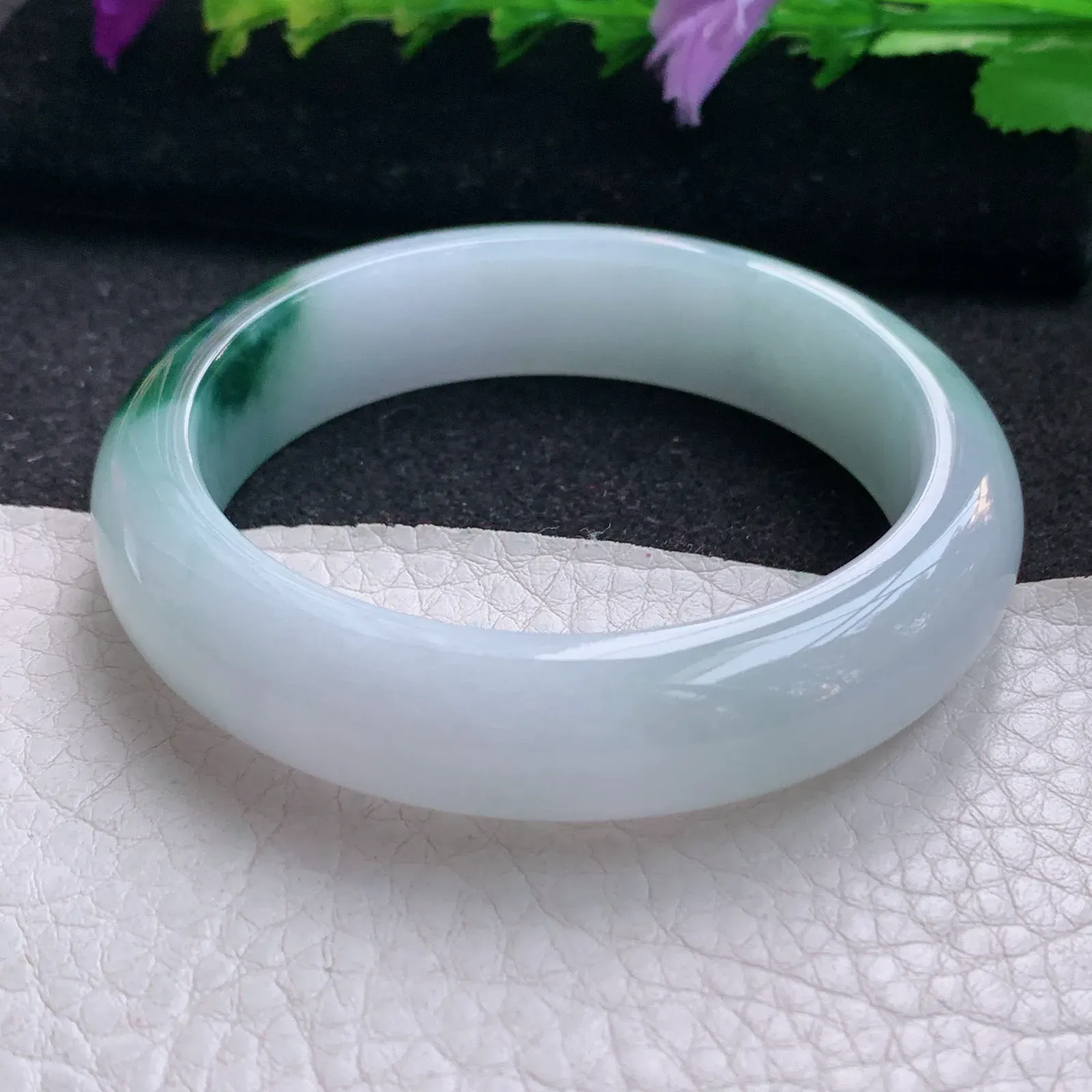 ee小圈口52.5*13.2*8平安镯 天然缅甸翡翠冰飘花宽边玉手镯 玉手环