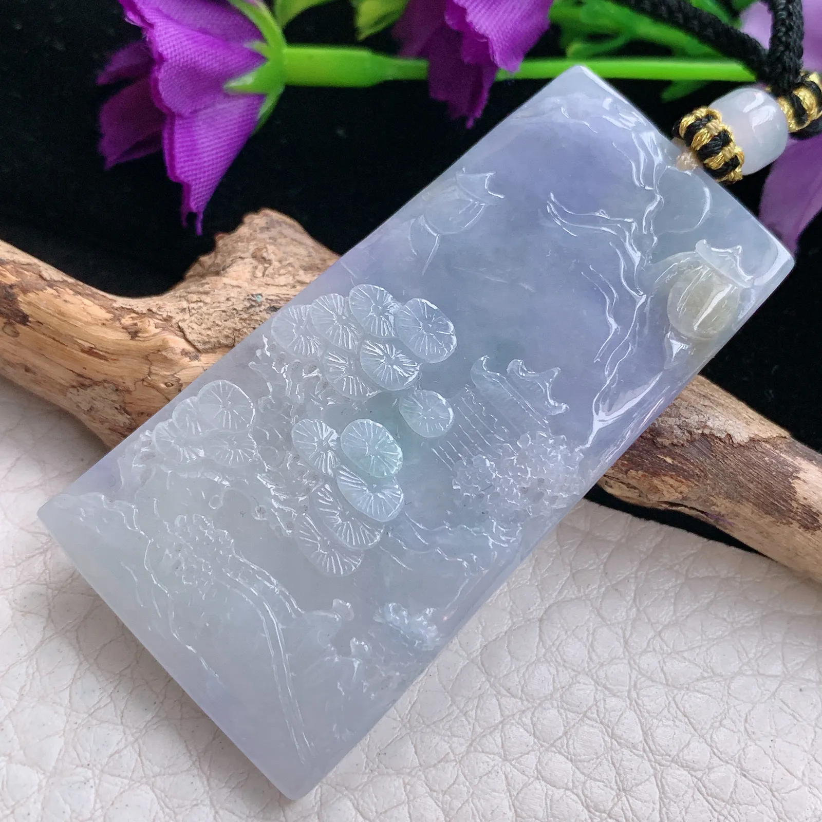 yl实拍55.6*28.8*4.5缅甸翡翠精雕冰三彩山水 大好河山玉吊坠 玉挂坠