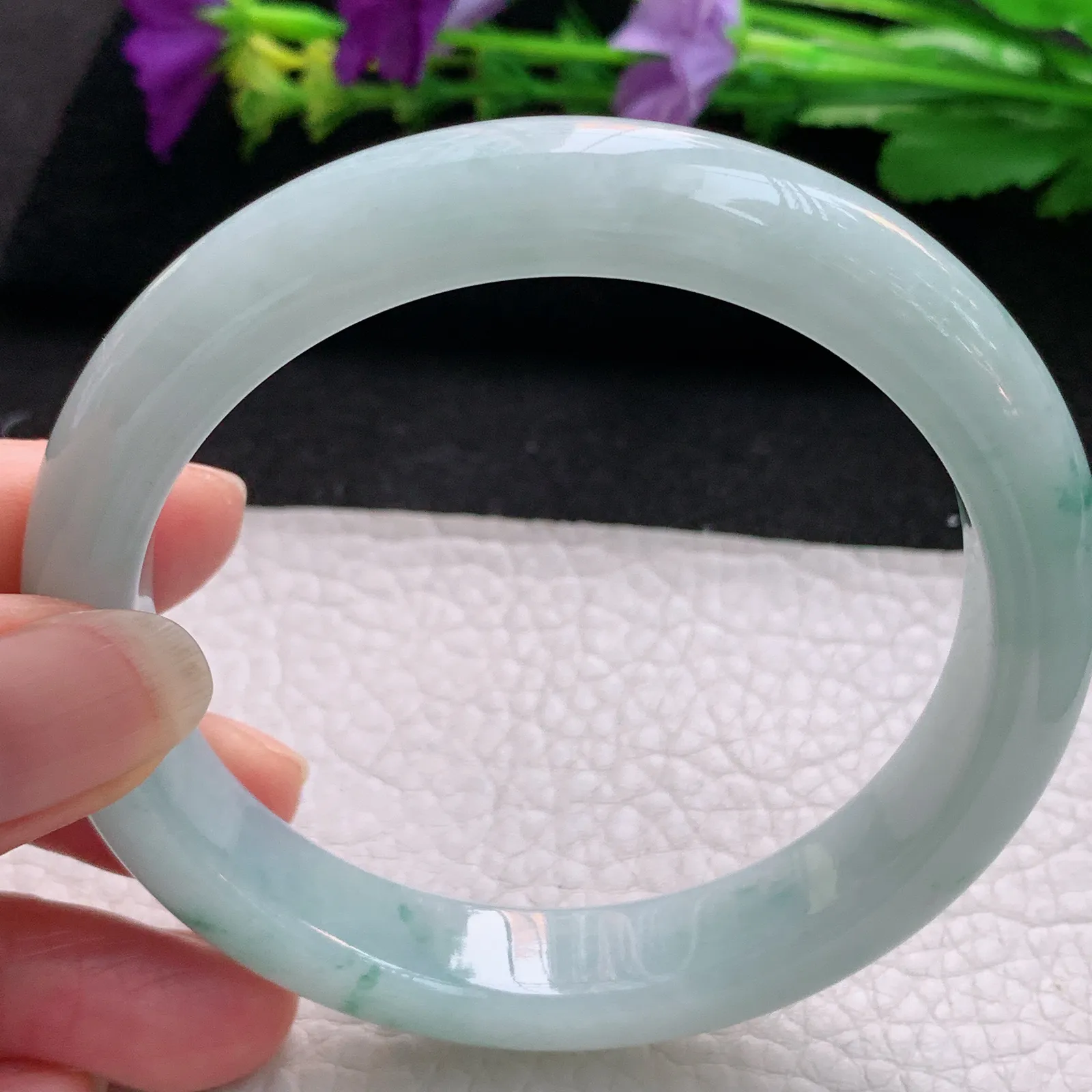 xx大圈口60.8*12.5*8.8平安镯 天然缅甸翡翠冰飘花边玉手镯 玉手环