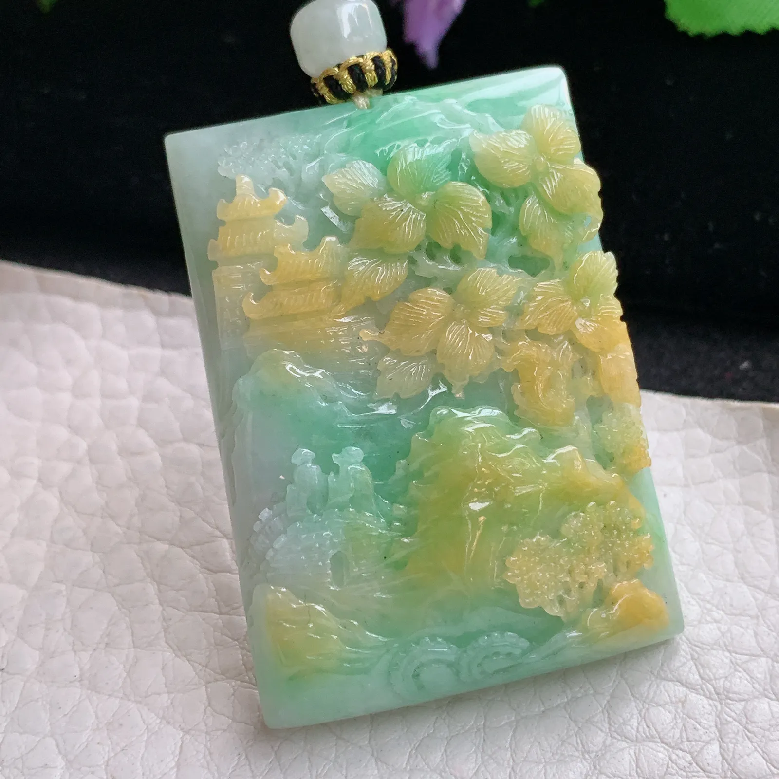 yl实拍49*35.2*11缅甸翡翠俏色巧雕三彩山水 大好河山玉吊坠 玉挂坠