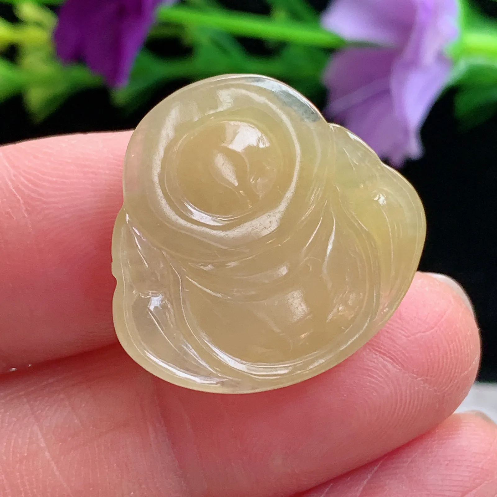 lz实拍22.2*23.6*5.2缅甸翡翠精雕冰黄佛公 弥勒佛玉吊坠 玉挂坠