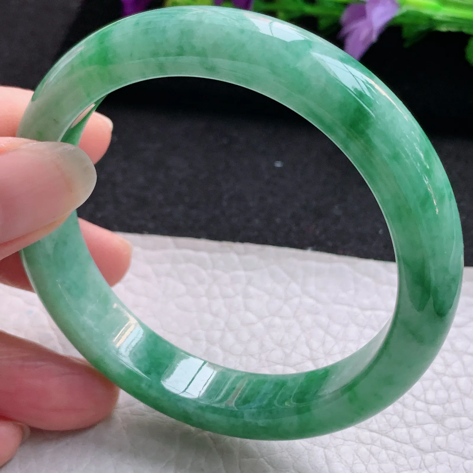 xh实拍56*12*8.3平安镯 天然缅甸翡翠满绿宽边玉手镯 玉手环