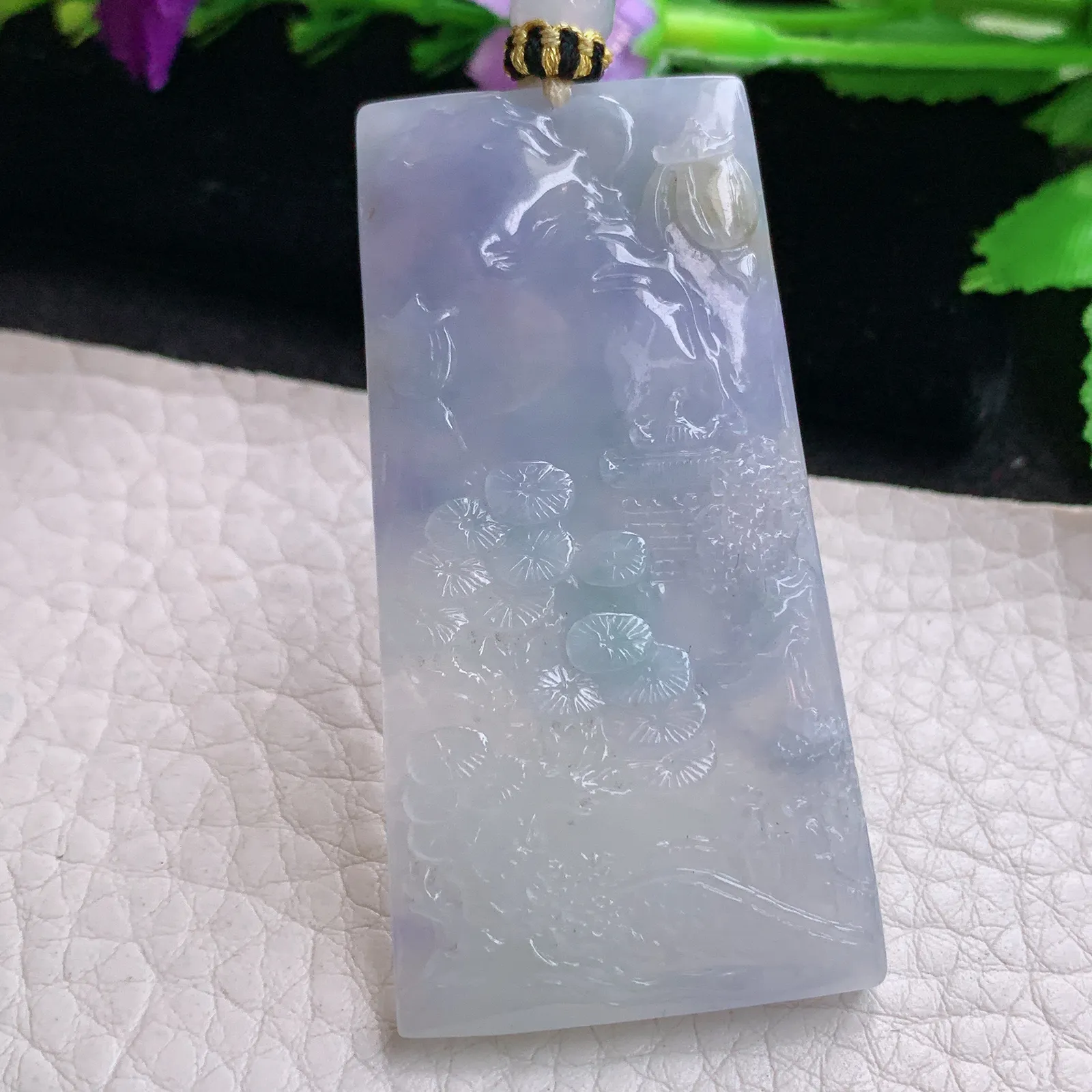 yl实拍55.6*28.8*4.5缅甸翡翠精雕冰三彩山水 大好河山玉吊坠 玉挂坠