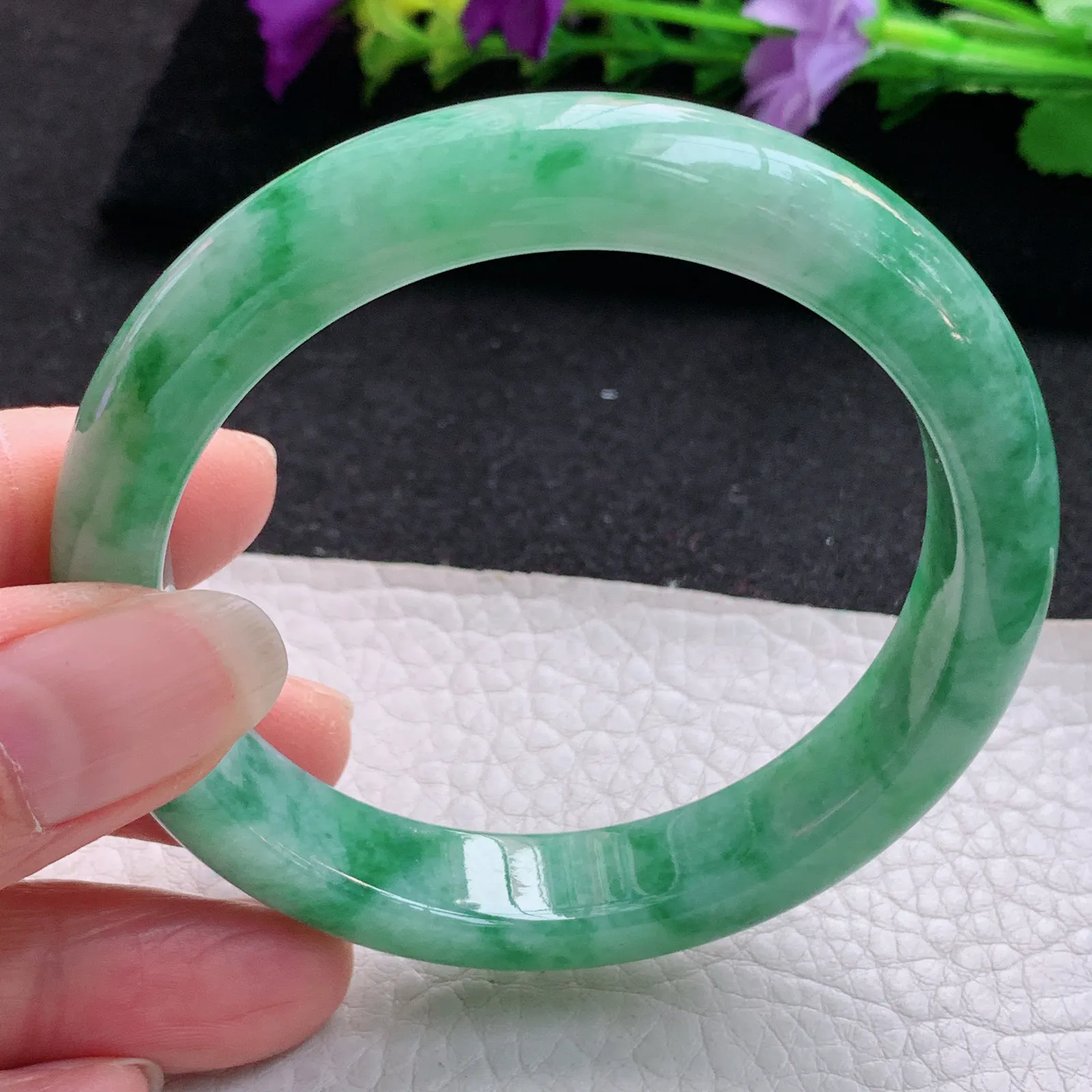 xh实拍56*12*8.3平安镯 天然缅甸翡翠满绿宽边玉手镯 玉手环