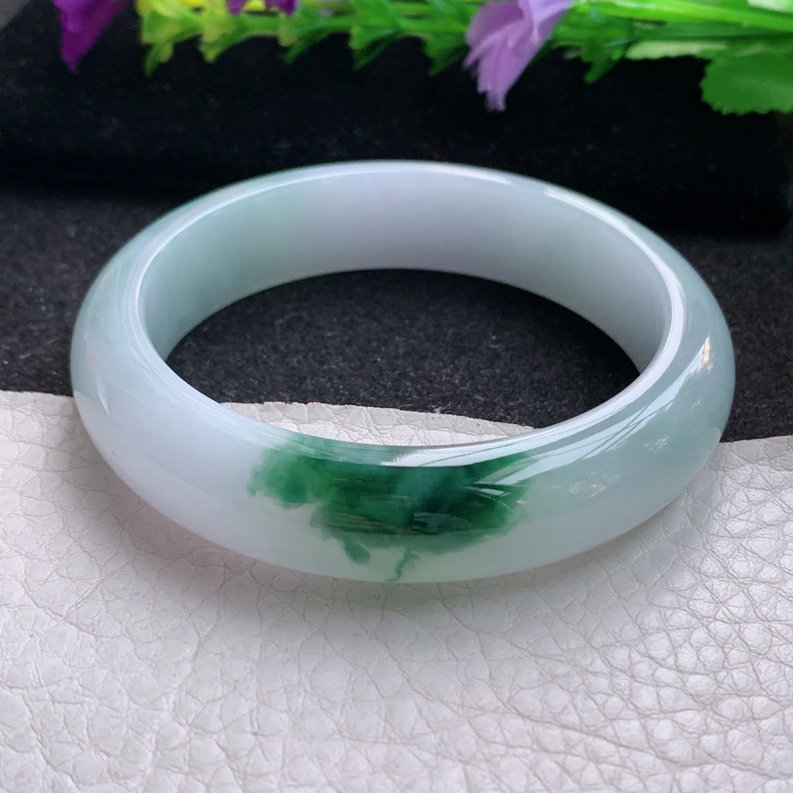 ee小圈口52.5*13.2*8平安镯 天然缅甸翡翠冰飘花宽边玉手镯 玉手环