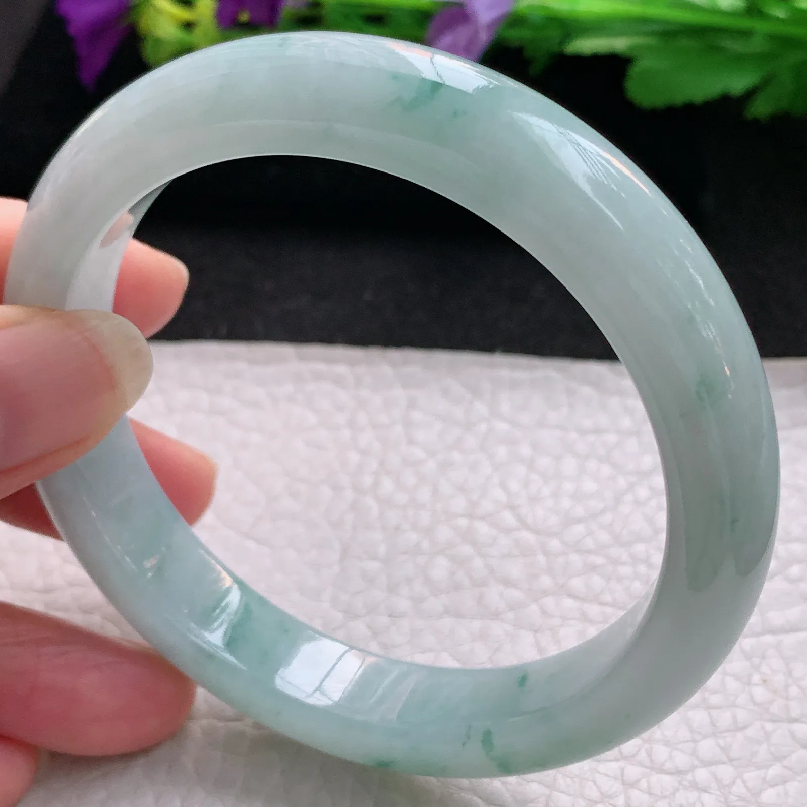 xx大圈口60.8*12.5*8.8平安镯 天然缅甸翡翠冰飘花边玉手镯 玉手环