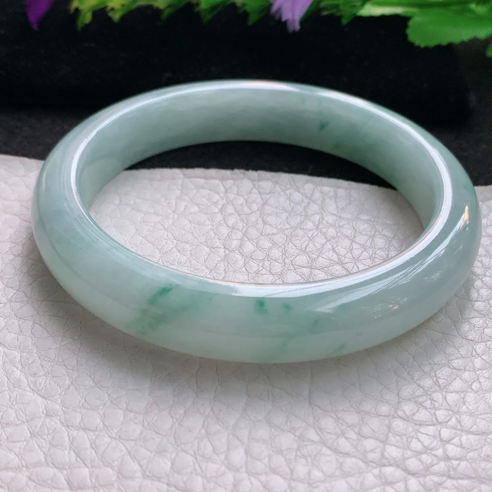 xx大圈口60.8*12.5*8.8平安镯 天然缅甸翡翠冰飘花边玉手镯 玉手环