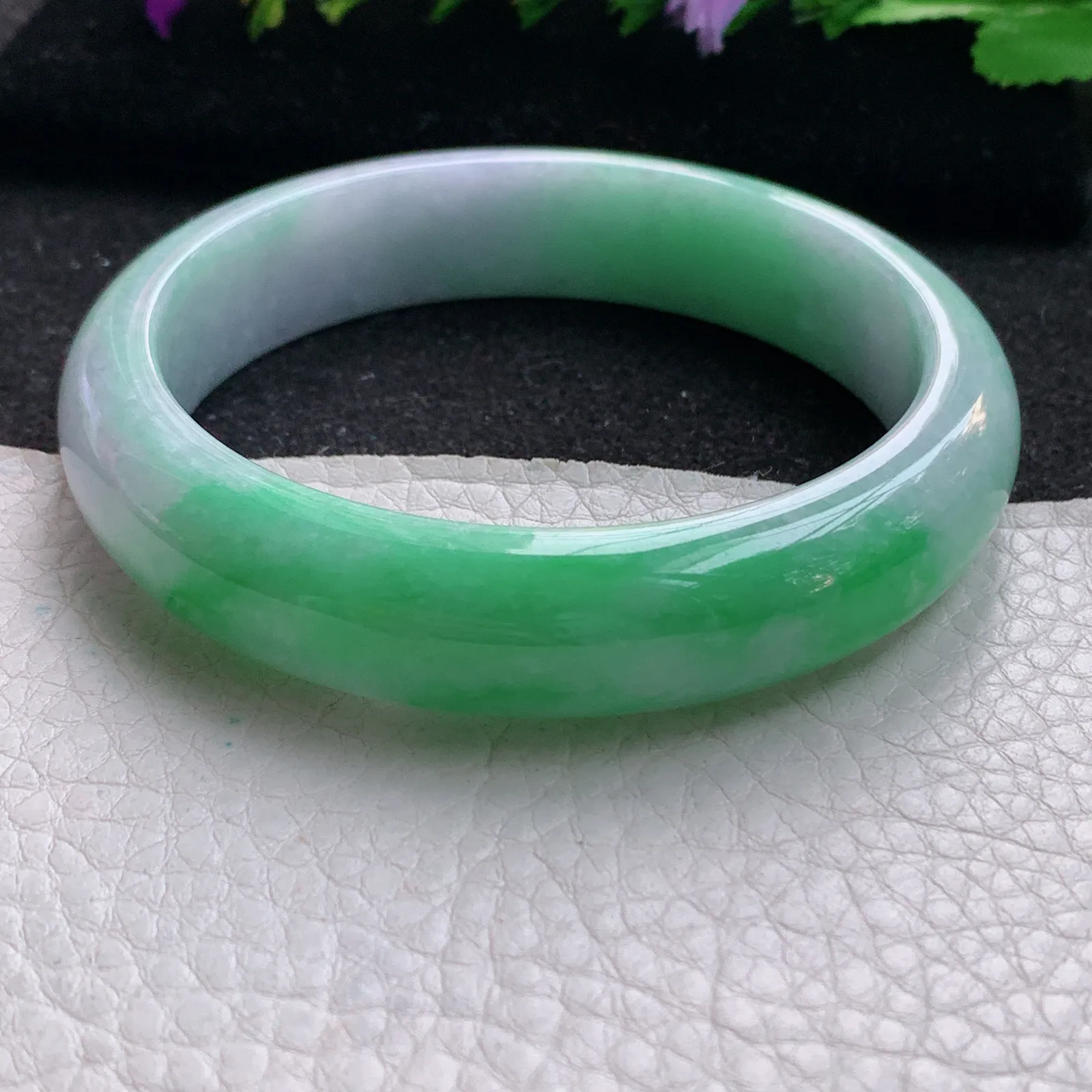 js大圈口60.5*14*8平安镯 天然缅甸翡翠春带彩宽边玉手镯 玉手环