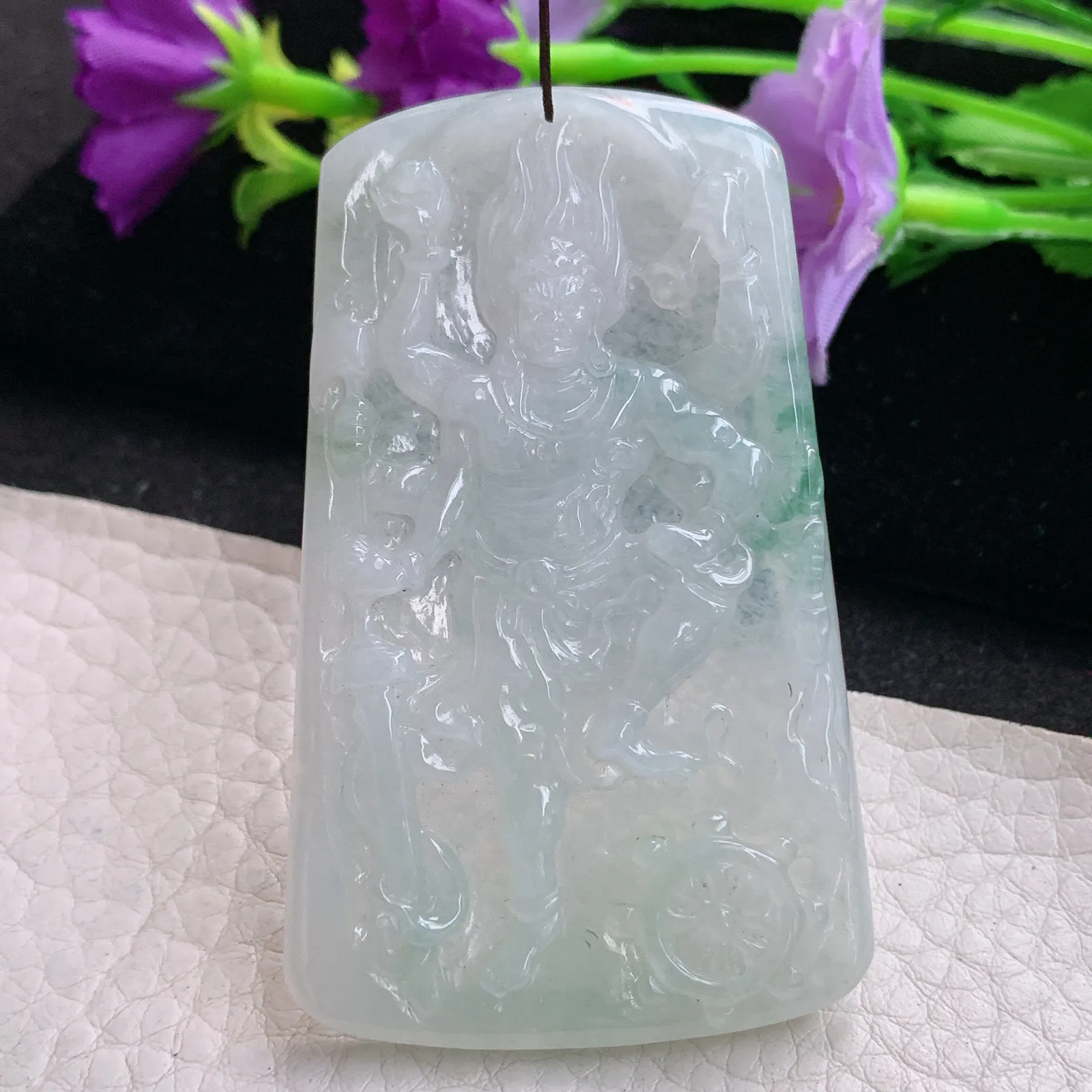 lz实拍63.8*38.9*5.2缅甸翡翠精雕飘花不动冥王 生肖守护神玉吊坠 玉挂坠