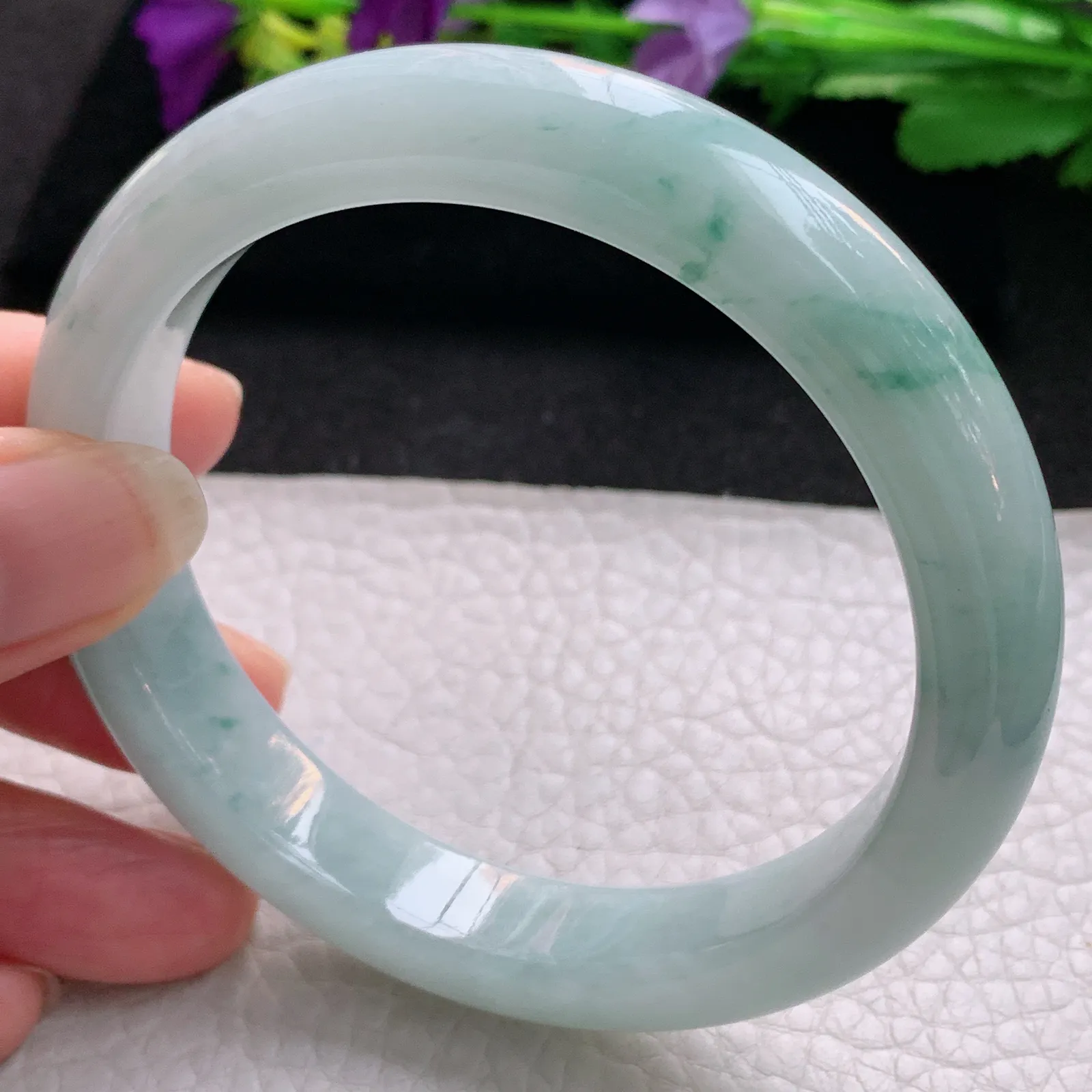 xx大圈口60.8*12.5*8.8平安镯 天然缅甸翡翠冰飘花边玉手镯 玉手环