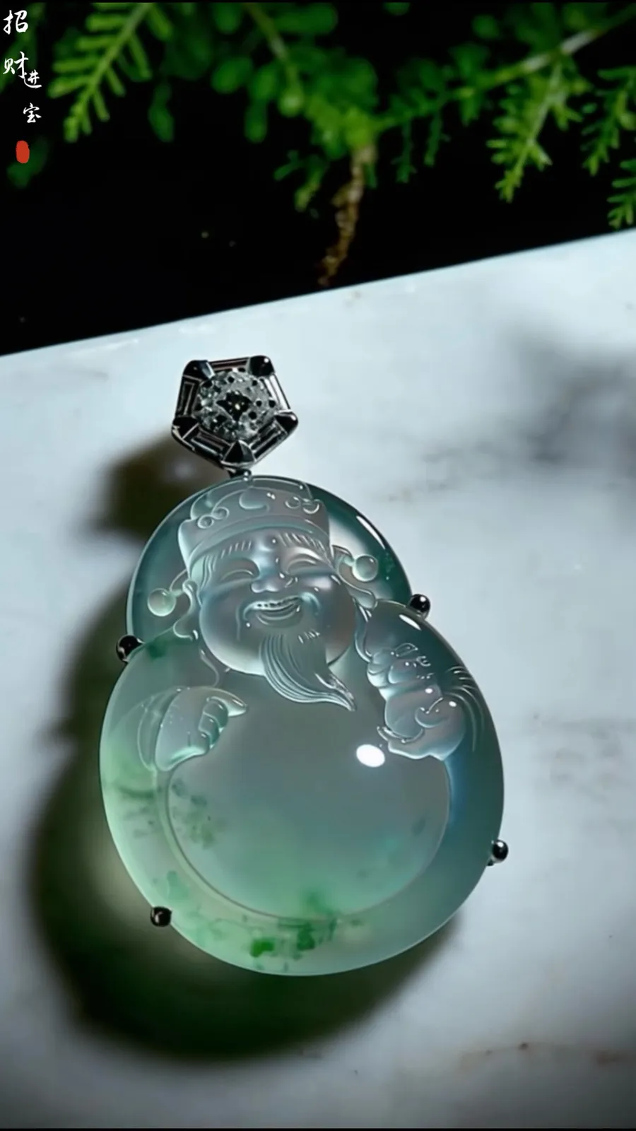 飘花【财神爷】，凝萃一方澄澈玉，
莹润通透如揽春溪在怀，花色轻拂似藏烟雨朦胧。
笑面财神笑意融，携福运财运来，
镶嵌与温润美玉相映成趣，
既是东方祥瑞的信物，亦是雅致天成的收藏，
佩之纳福招财，岁岁皆安。
作品裸石36.8-28.8-6.8mm，
整体46-29-10mm，14.38g，
18K金，南非钻