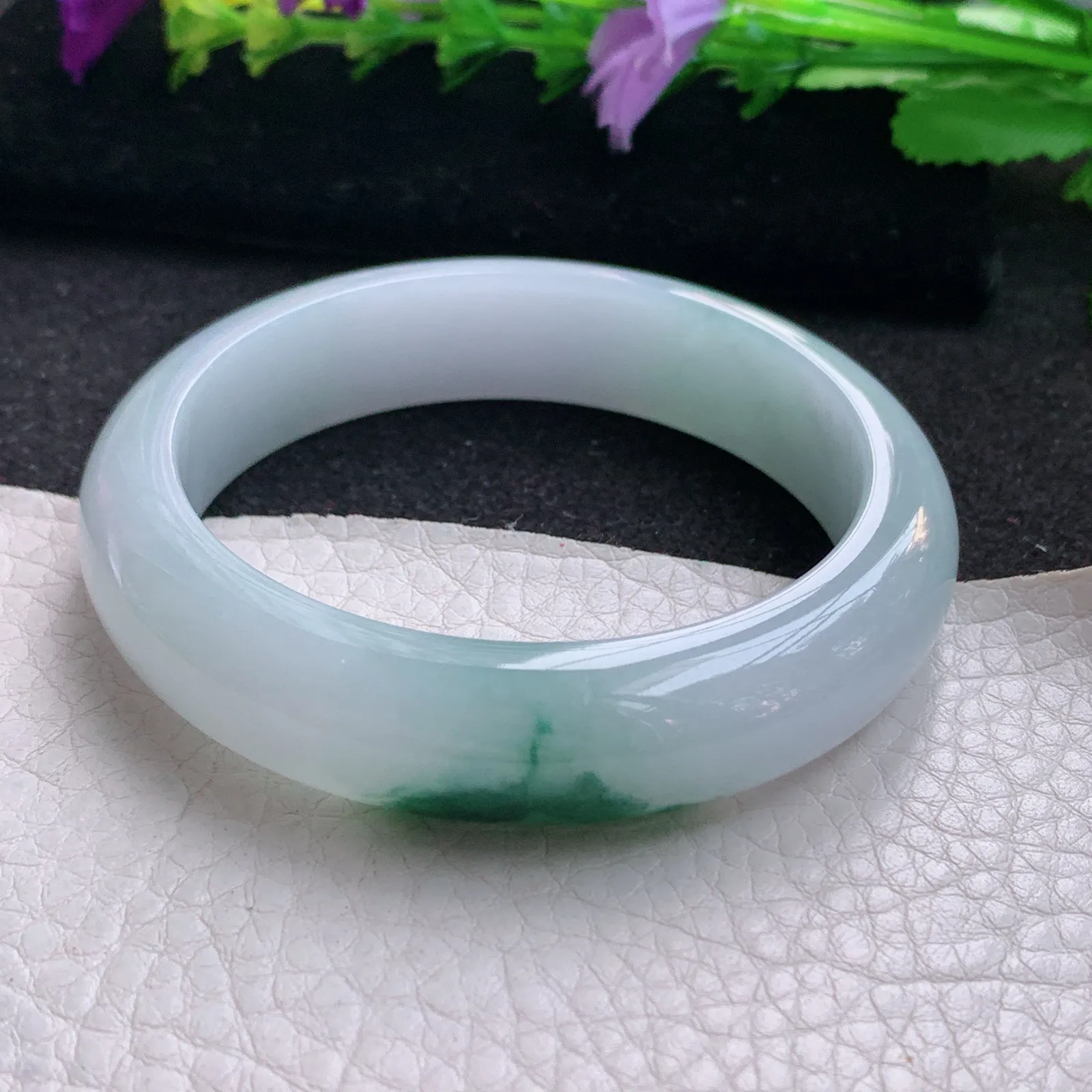 ee小圈口52.5*13.2*8平安镯 天然缅甸翡翠冰飘花宽边玉手镯 玉手环