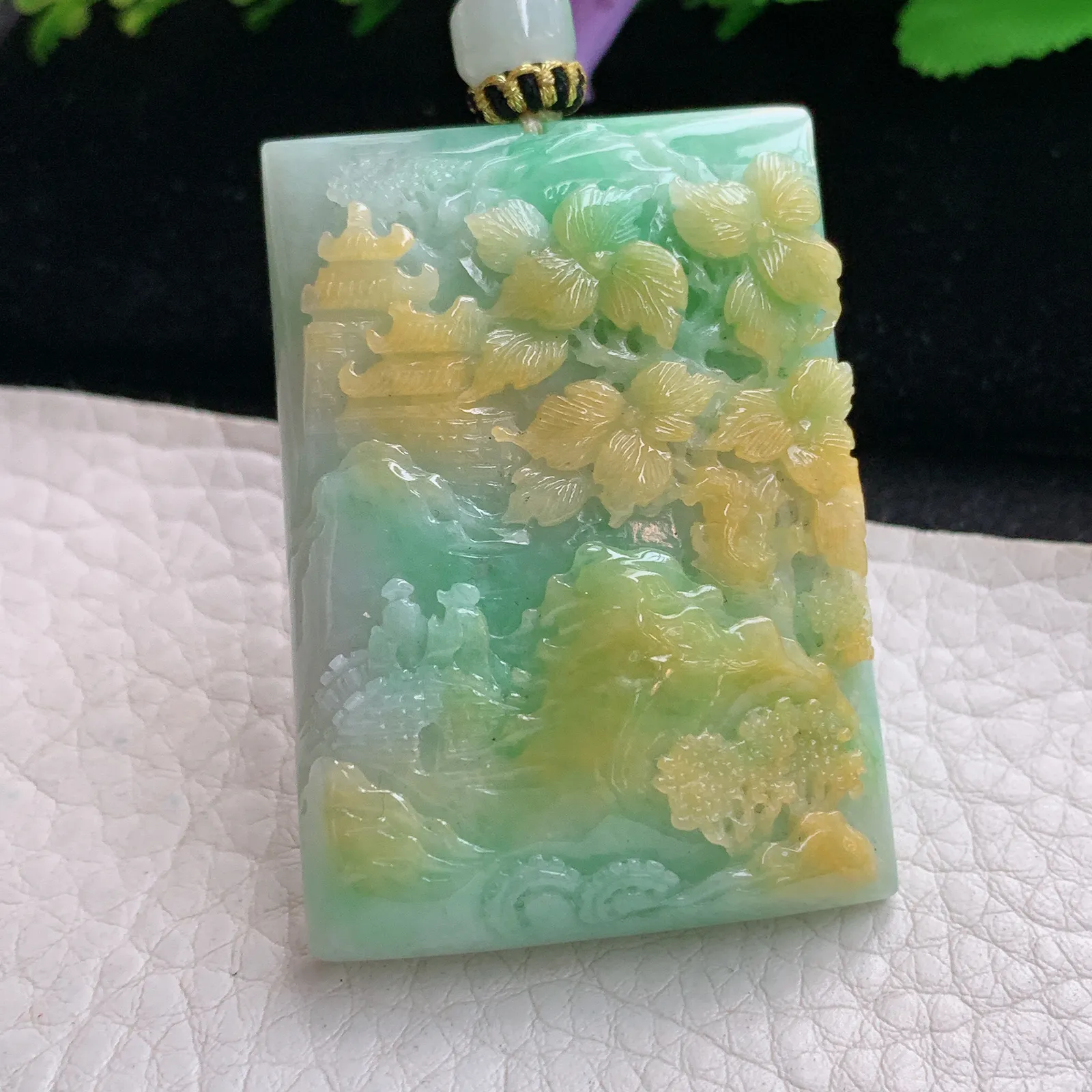 yl实拍49*35.2*11缅甸翡翠俏色巧雕三彩山水 大好河山玉吊坠 玉挂坠