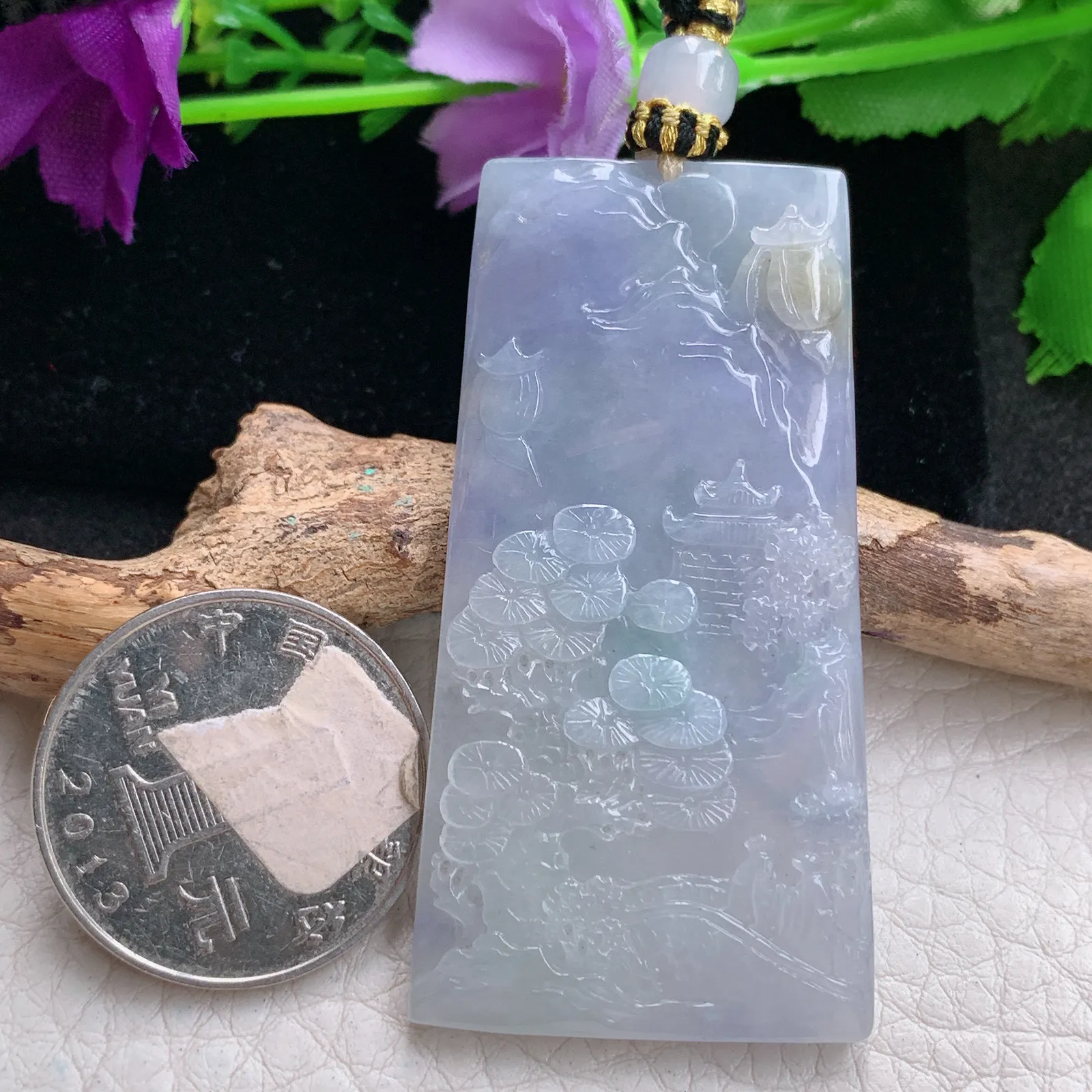 yl实拍55.6*28.8*4.5缅甸翡翠精雕冰三彩山水 大好河山玉吊坠 玉挂坠