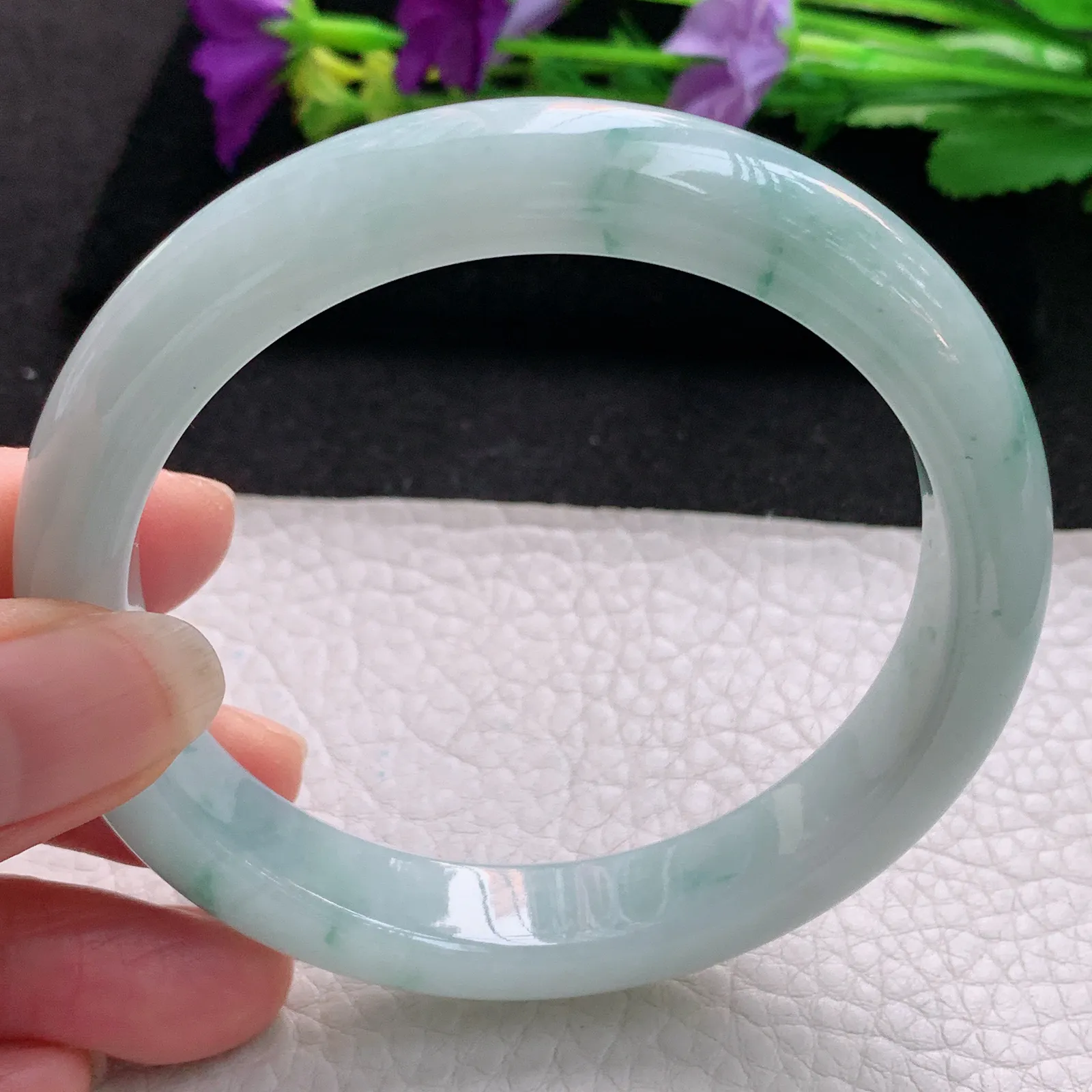 xx大圈口60.8*12.5*8.8平安镯 天然缅甸翡翠冰飘花边玉手镯 玉手环