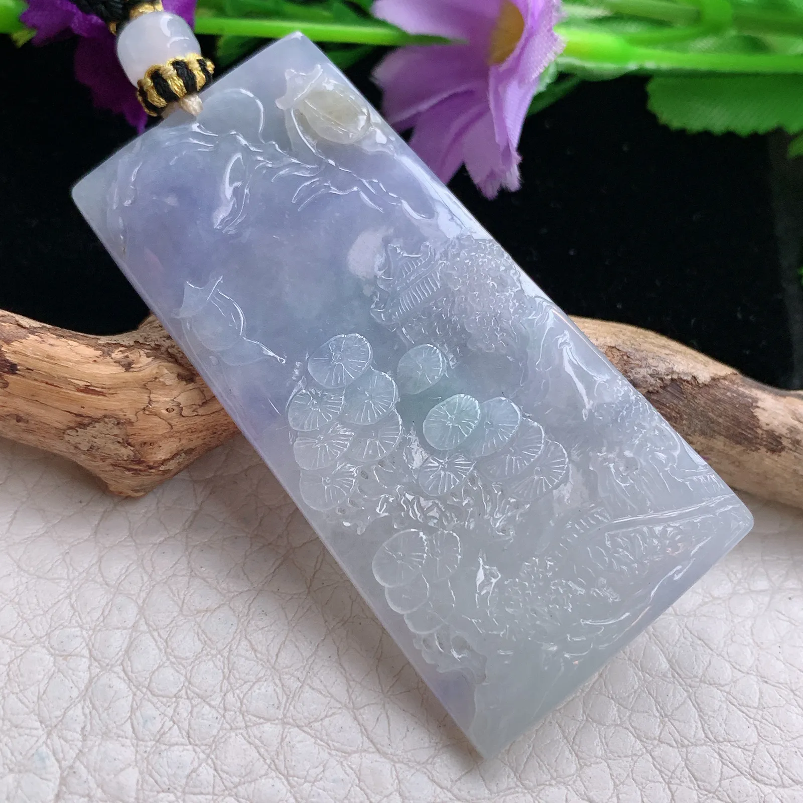 yl实拍55.6*28.8*4.5缅甸翡翠精雕冰三彩山水 大好河山玉吊坠 玉挂坠